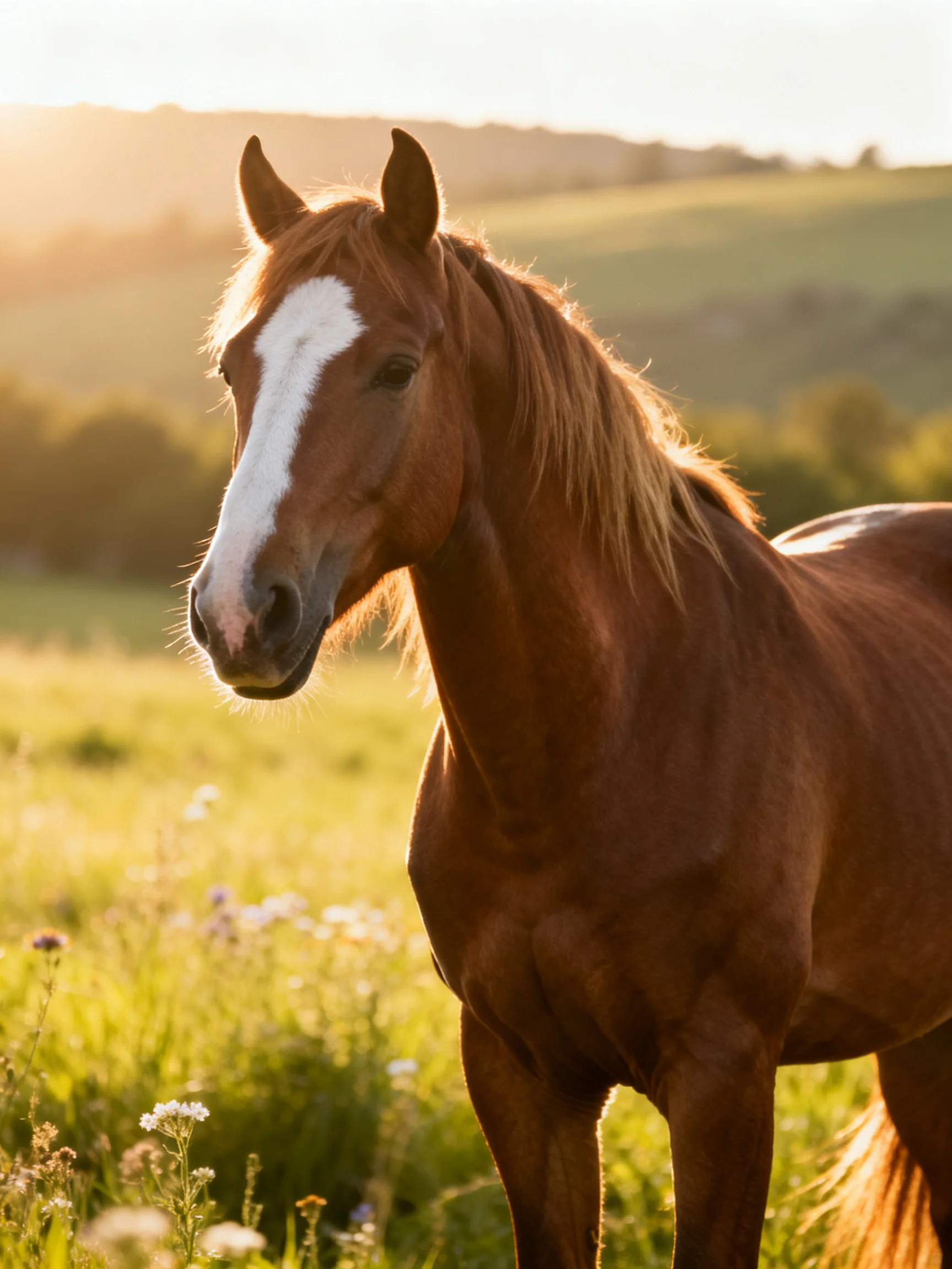 A chestnut horse with a white blaze stands in a sunlit meadow.