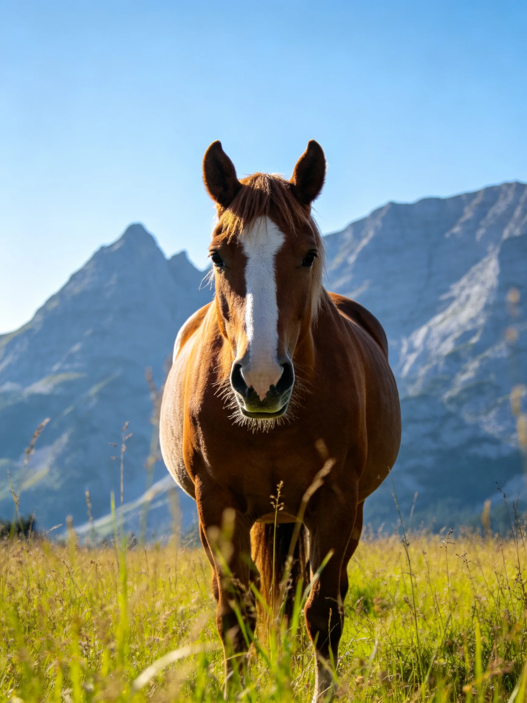 A chestnut horse with a white blaze stands in a sunlit meadow with rocky mountains in the background.