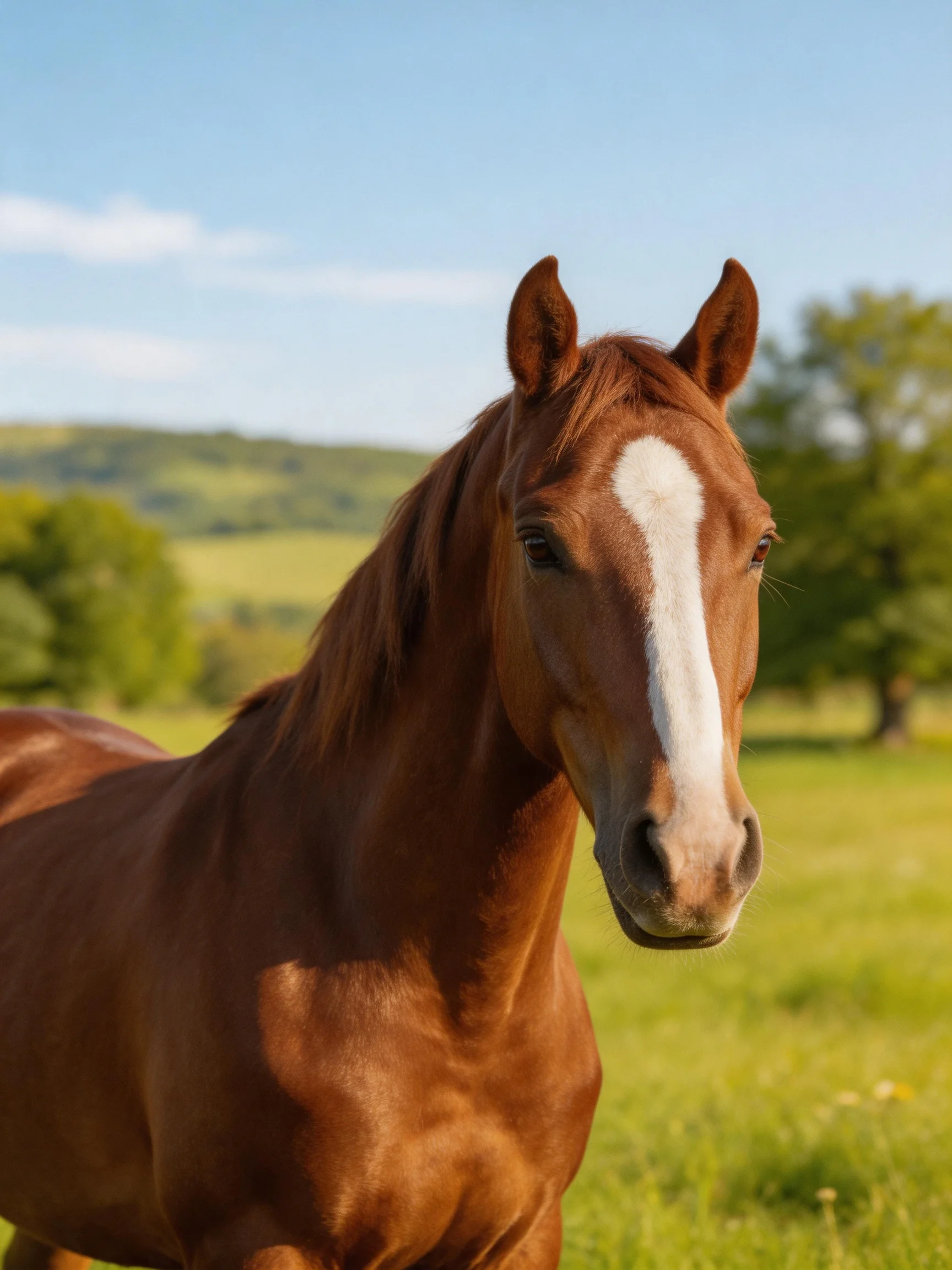 A chestnut horse with a white blaze in a sunlit meadow