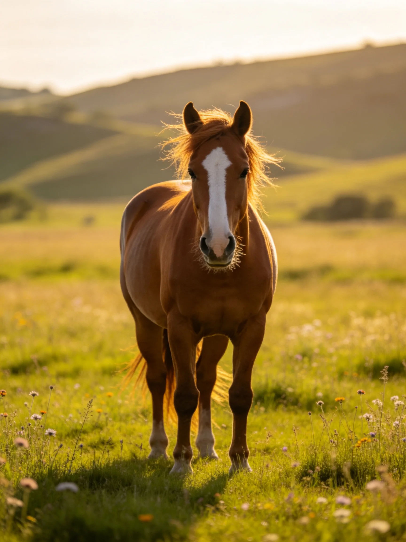 A chestnut horse with a white blaze in a sunlit meadow