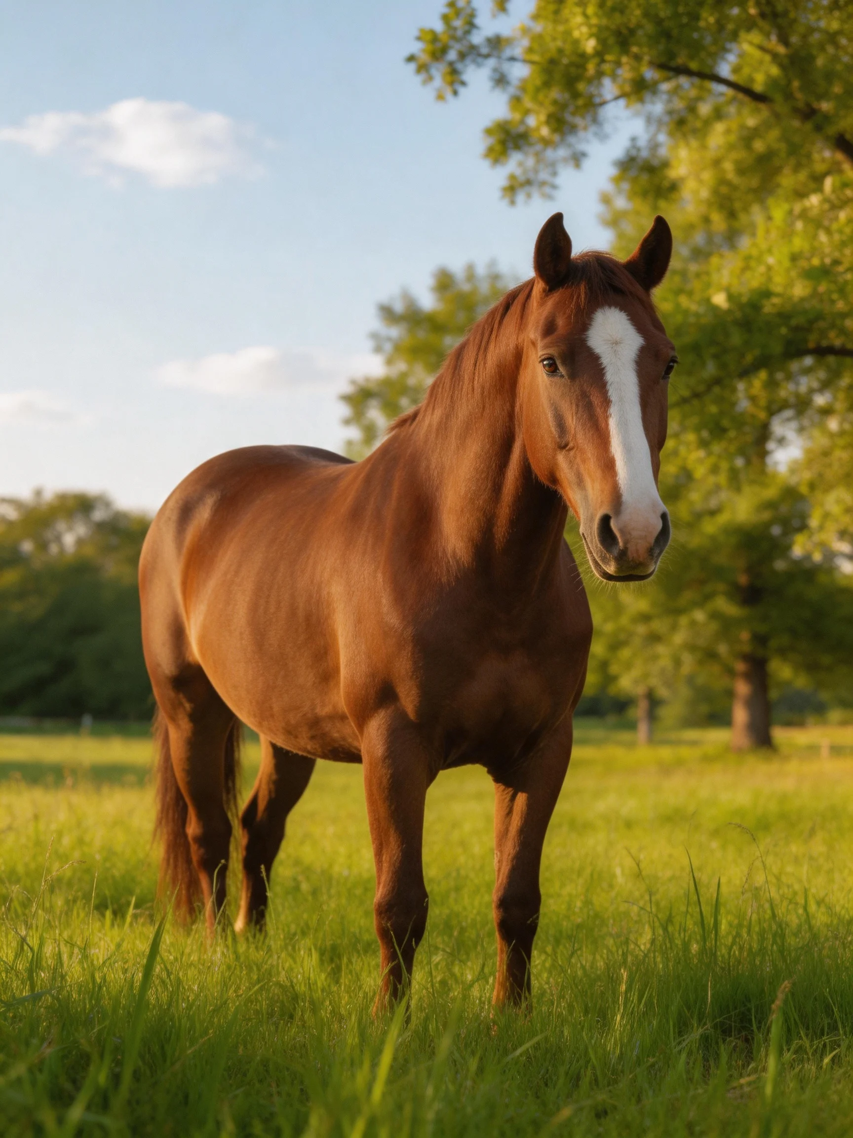A chestnut horse with a white facial stripe stands in a sunlit grassy field.