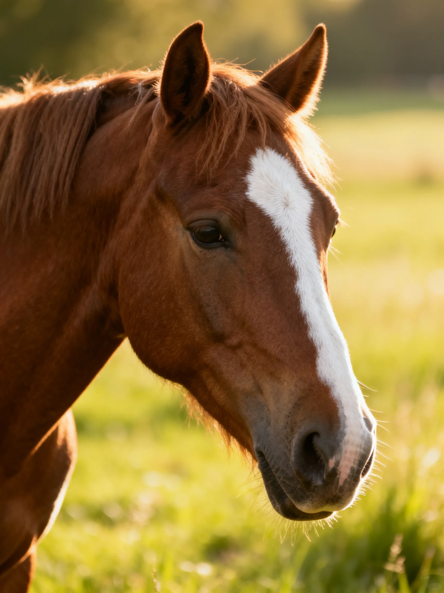 A chestnut horse with a white blaze in a sunlit meadow