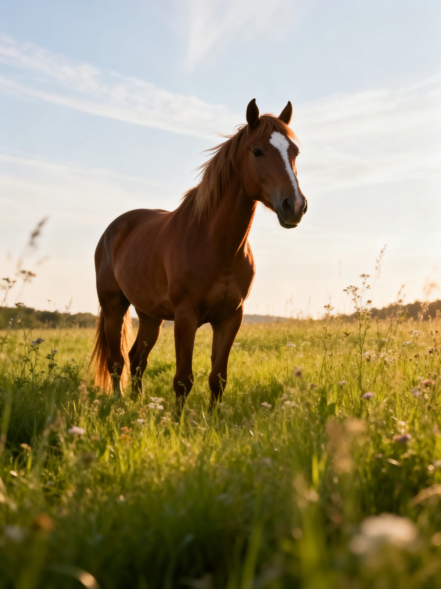 A chestnut horse with a white blaze in a sunlit meadow