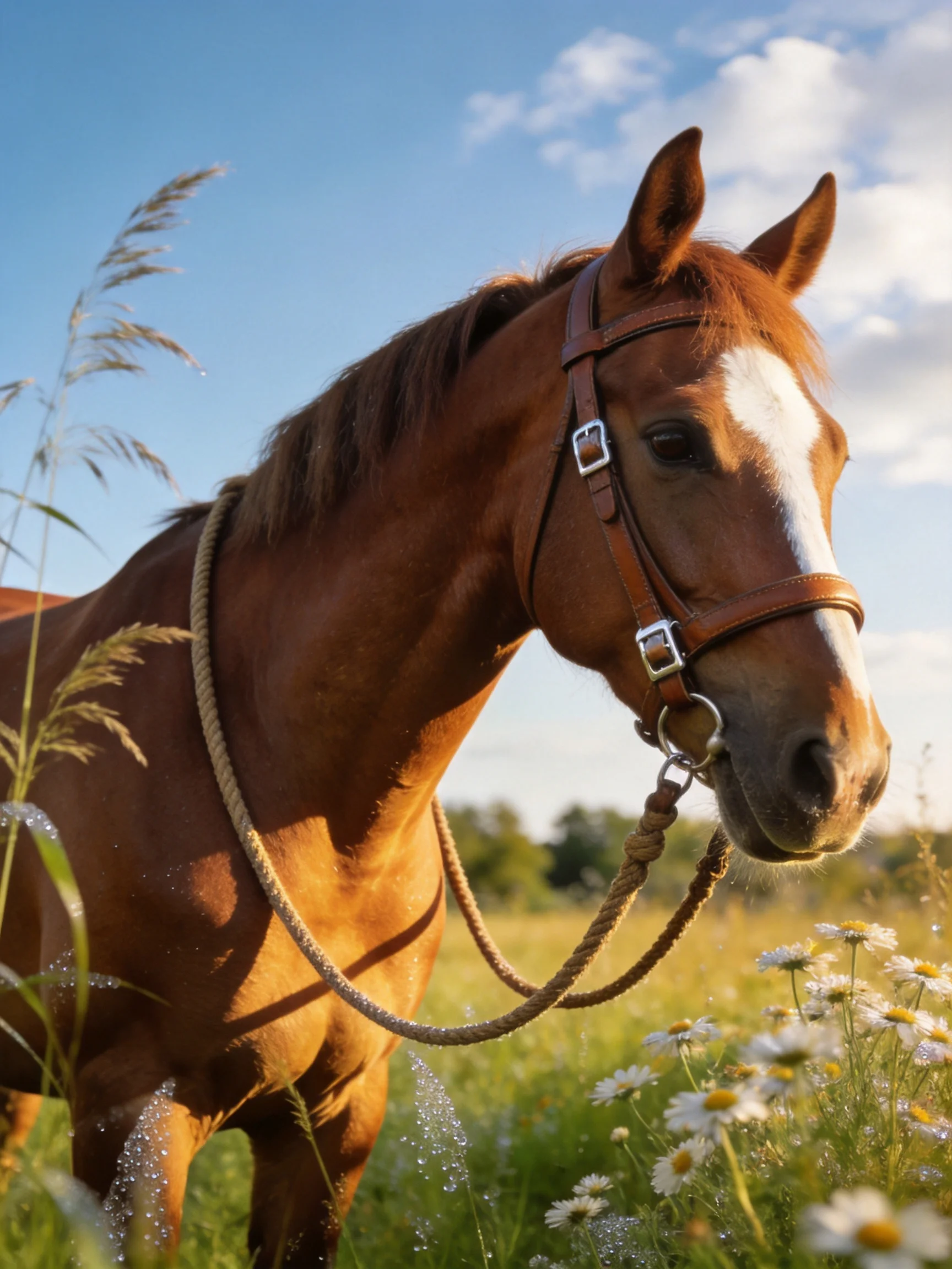 A chestnut horse with a white blaze in a sunlit meadow
