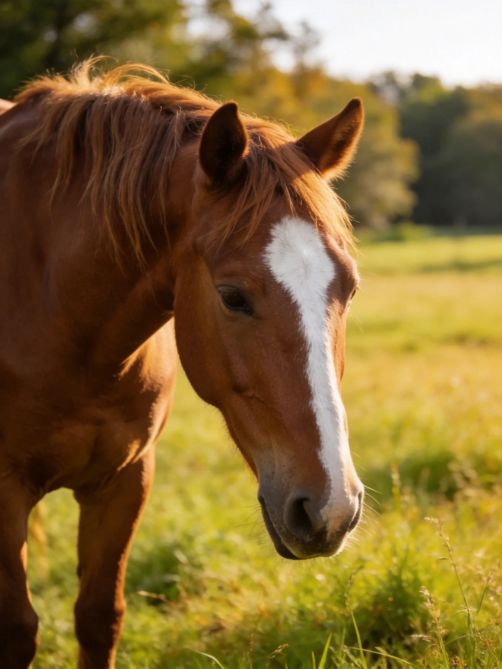 A chestnut horse with a white blaze in a sunlit meadow