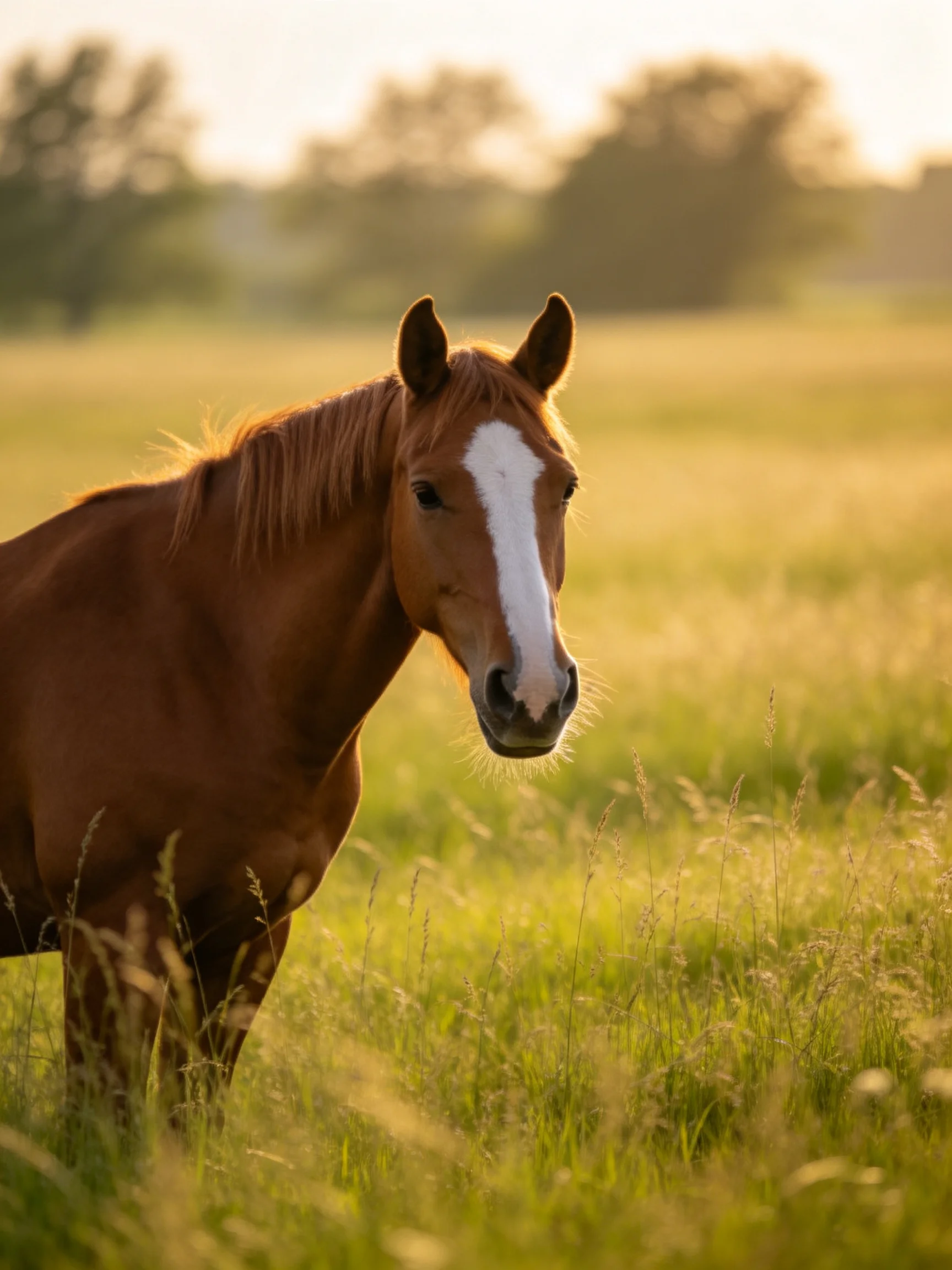 A chestnut horse with a white blaze stands in a sunlit meadow.