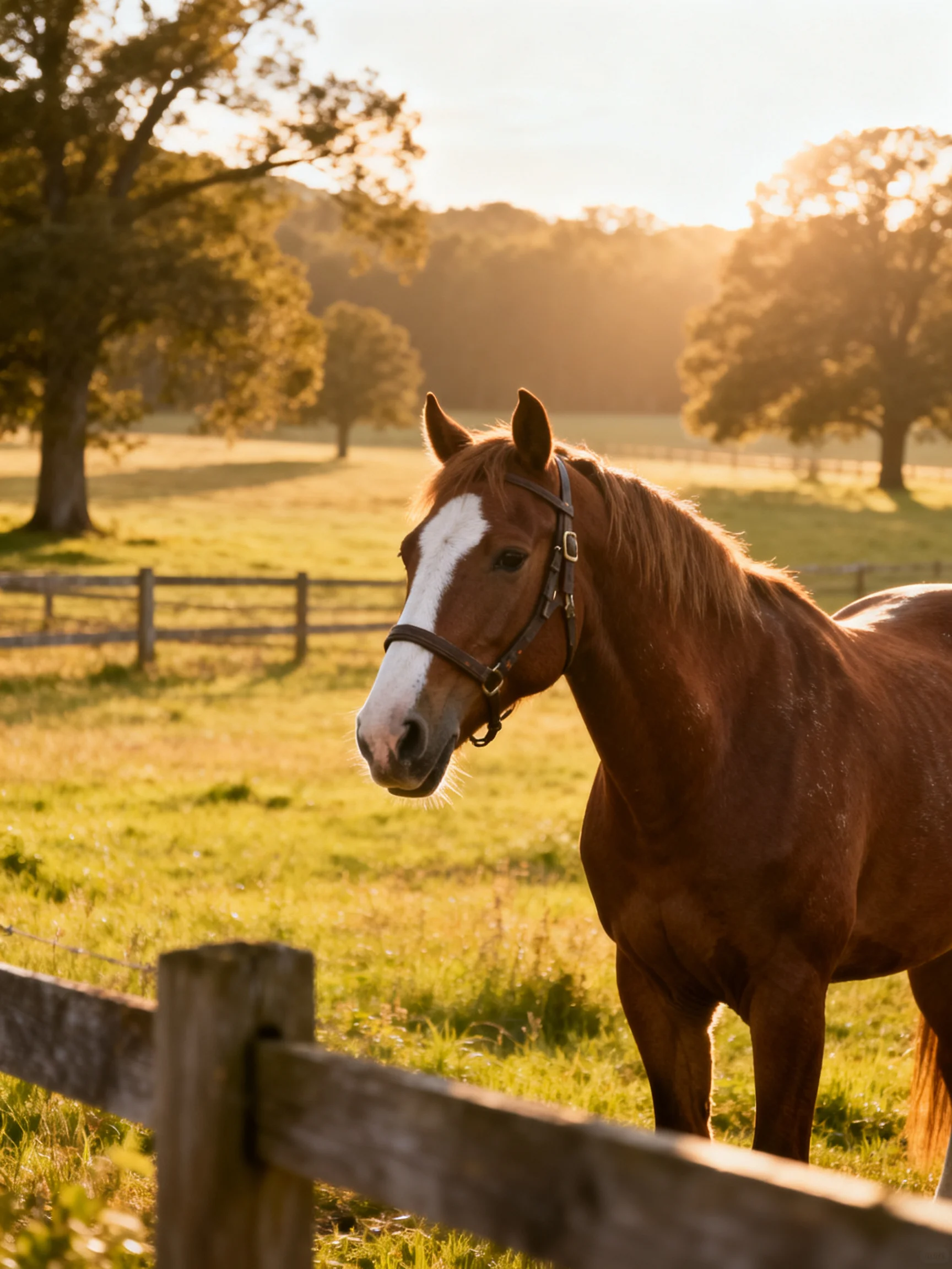 A chestnut horse with a white blaze in a sunlit pasture