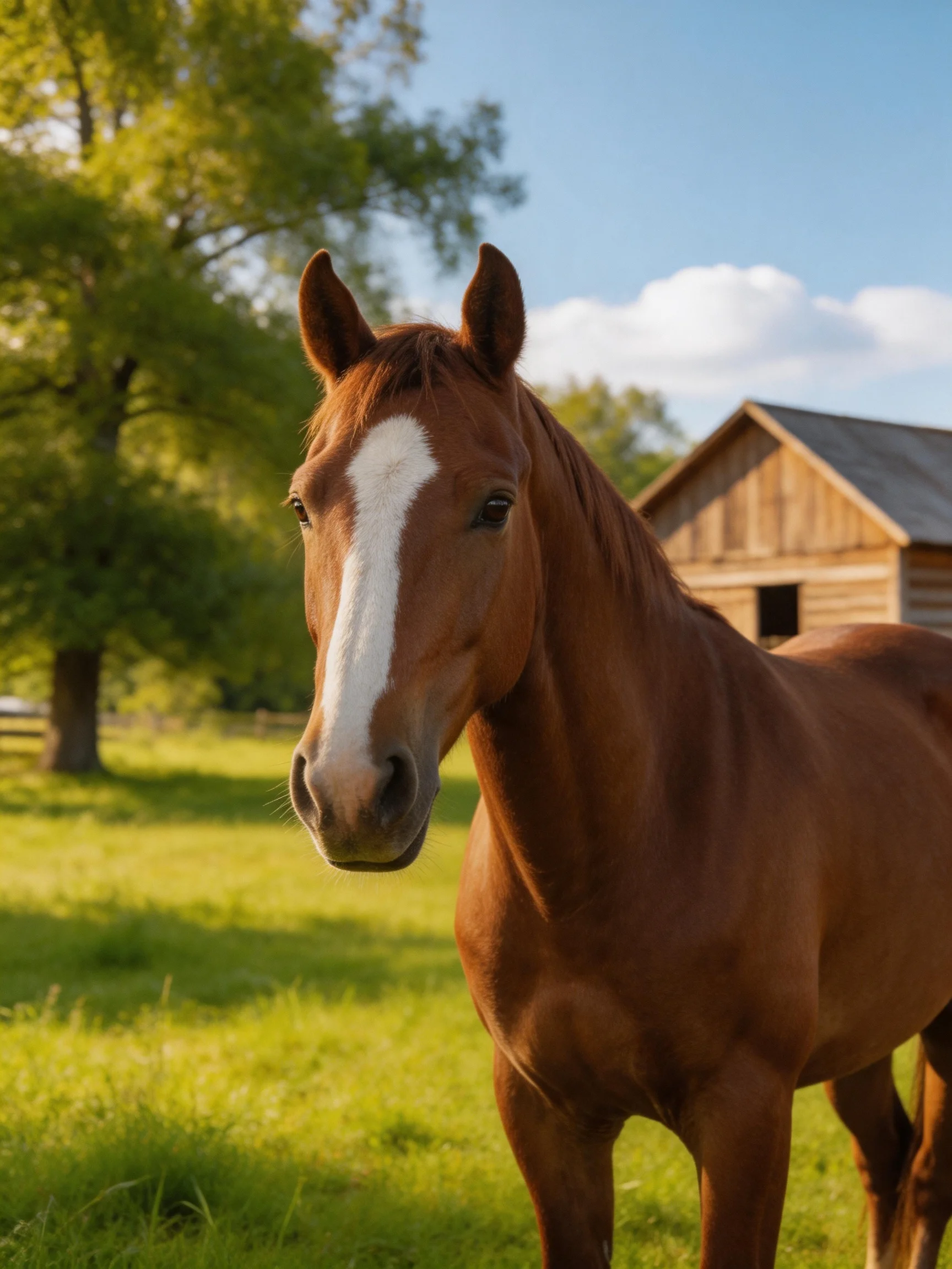 A chestnut horse with a white blaze stands in a sunlit pasture near a wooden barn.