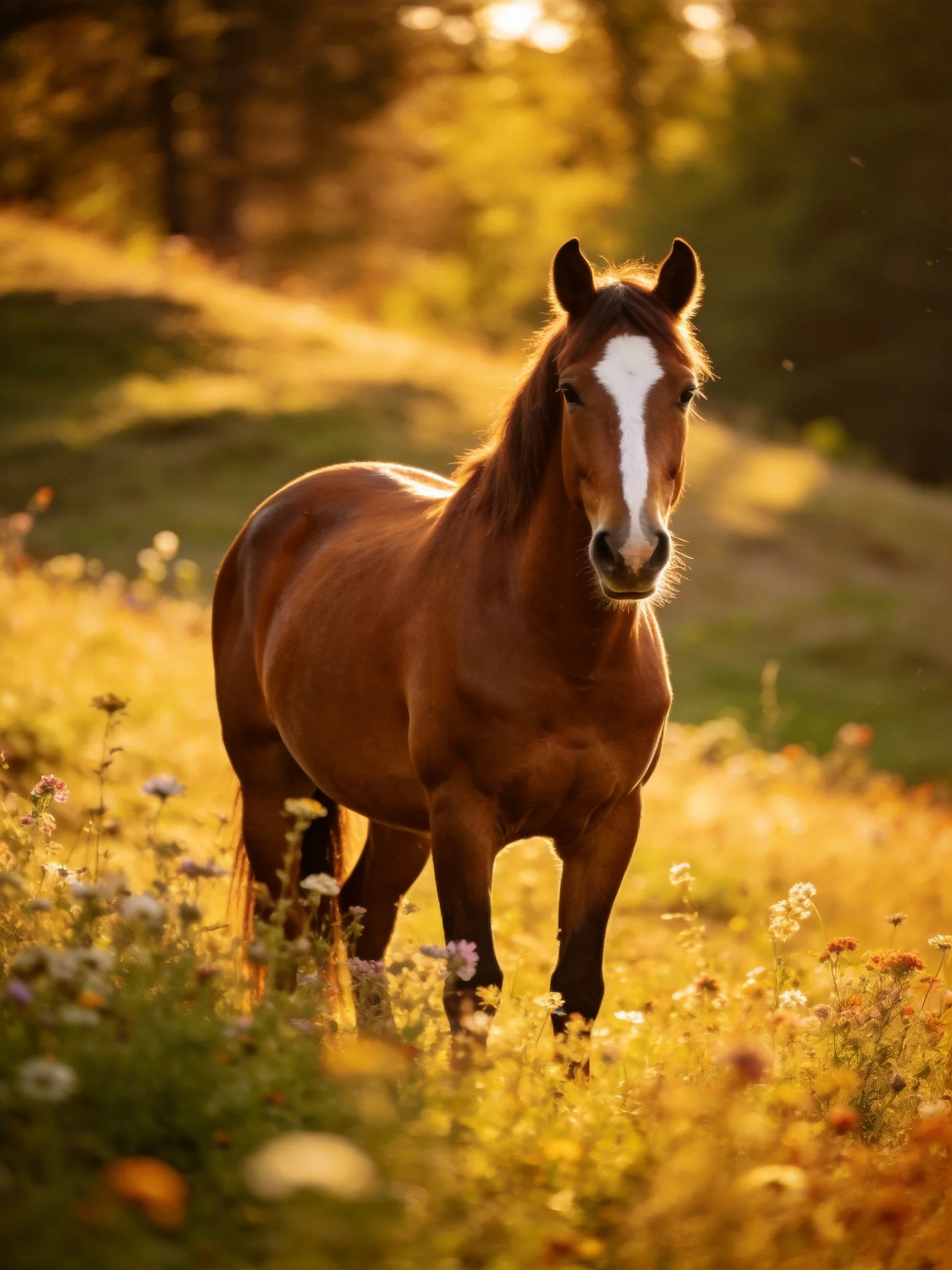 A chestnut horse with a white blaze stands among wildflowers in a sunlit meadow.