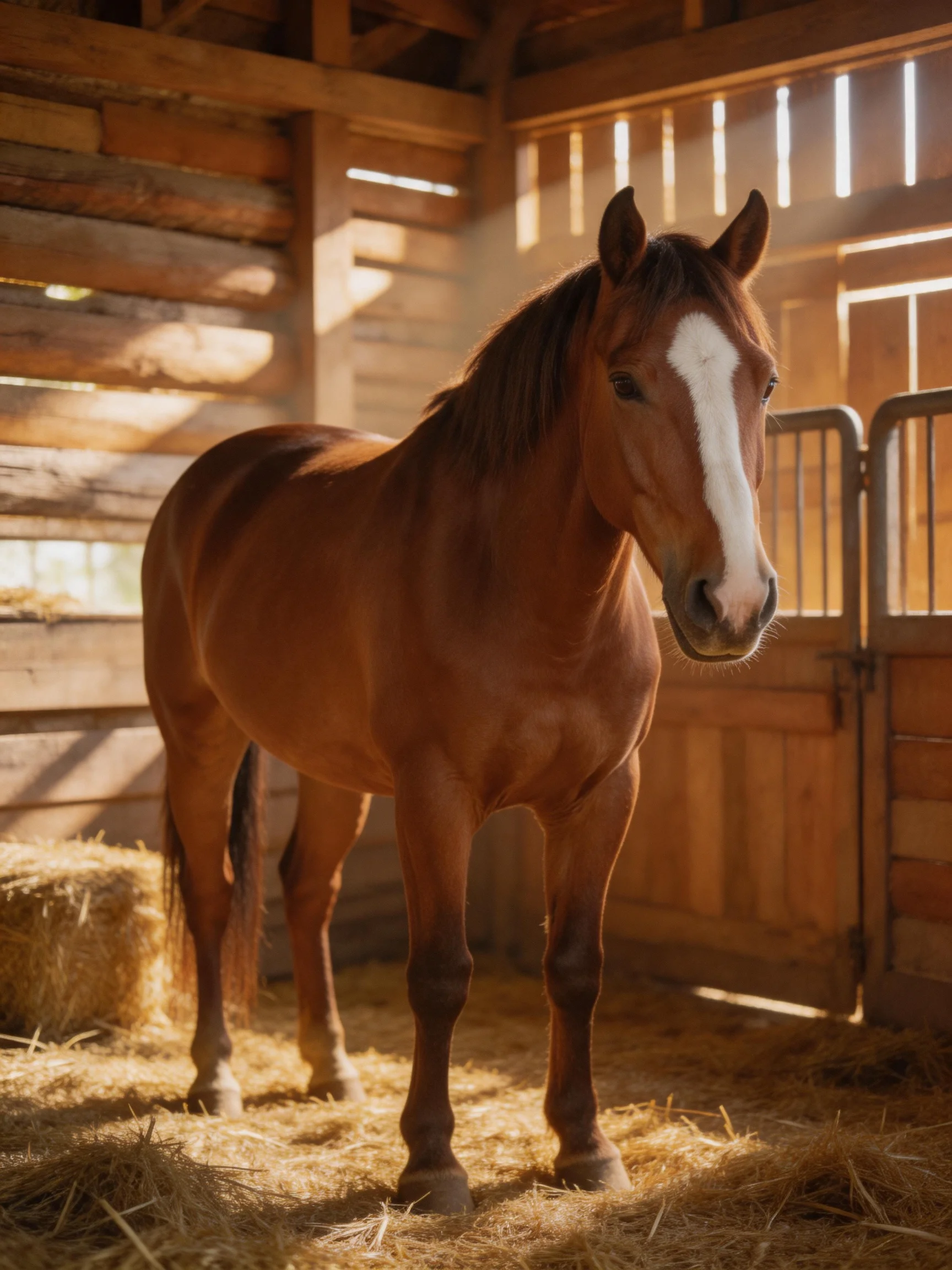A chestnut horse with a white blaze in a sunlit wooden stable