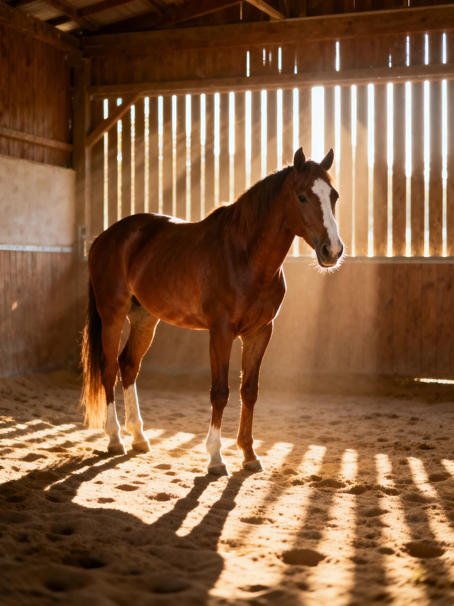 A chestnut horse with a white blaze in a sunlit wooden stable