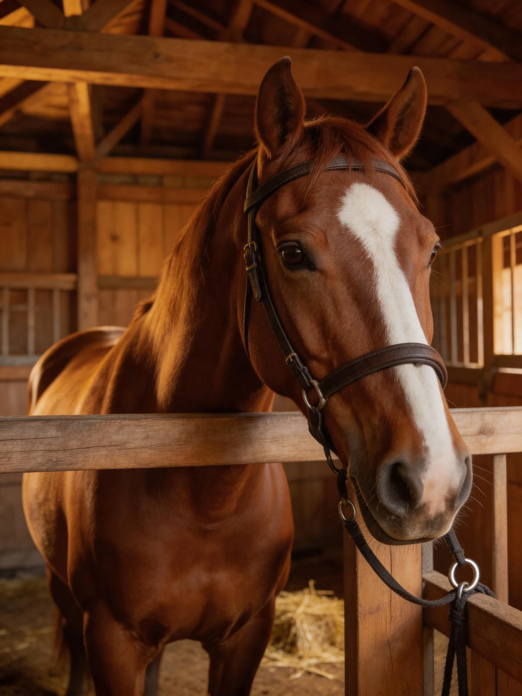 A chestnut horse with a white blaze in a wooden stable