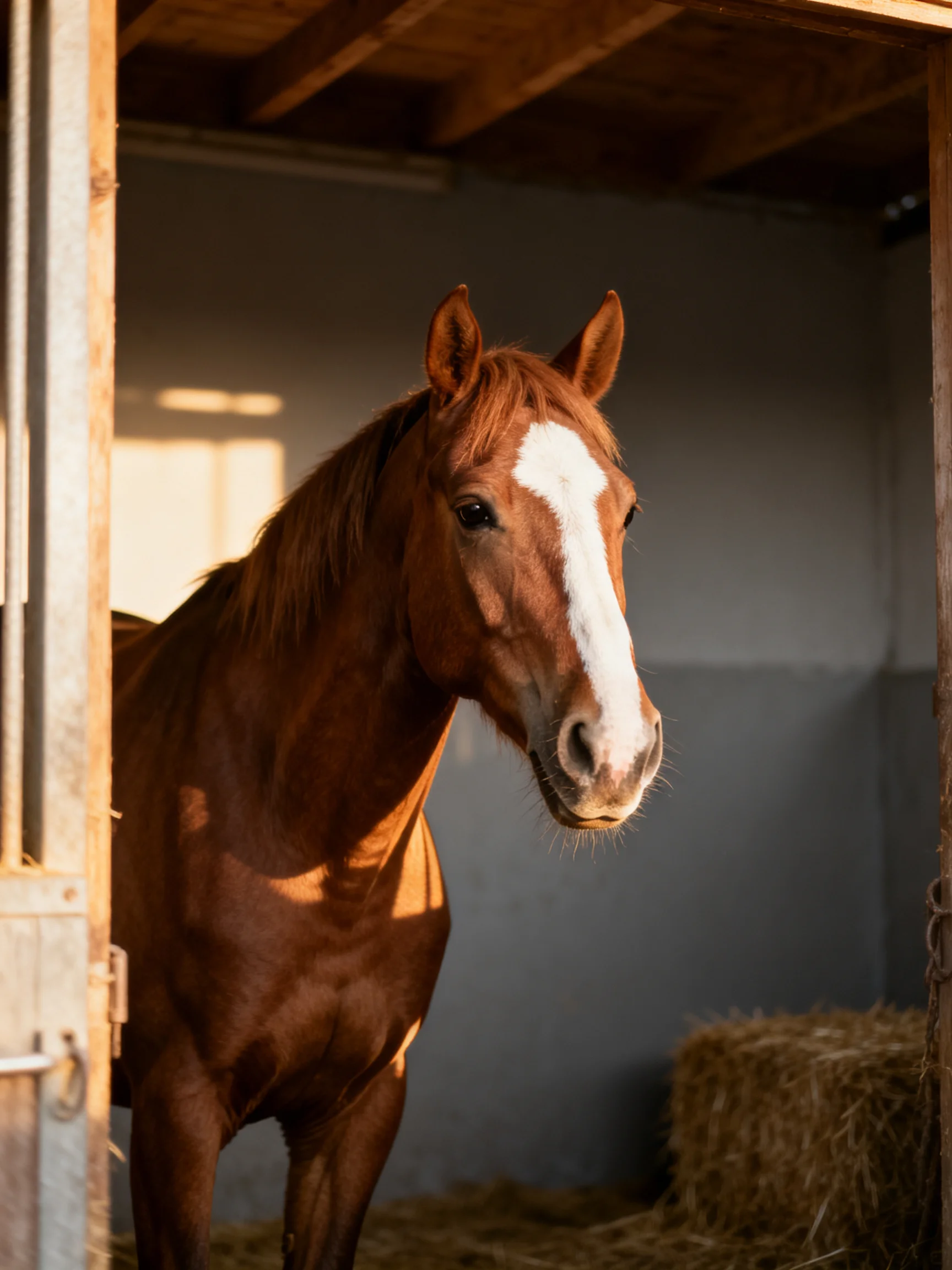 A chestnut horse with a white blaze in a wooden stable near hay bales