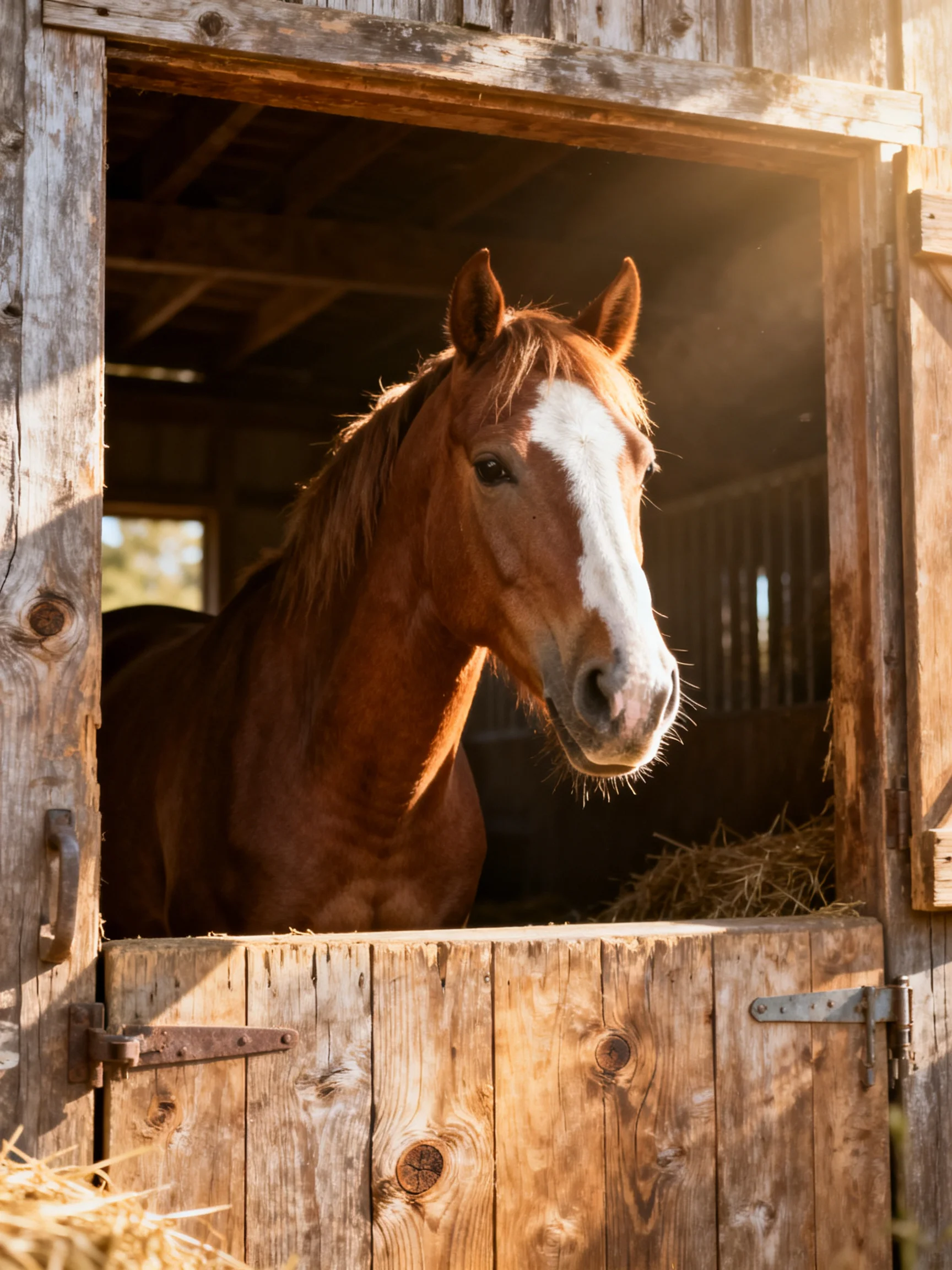 A chestnut horse with a white blaze stands near hay inside an aged wooden stable.