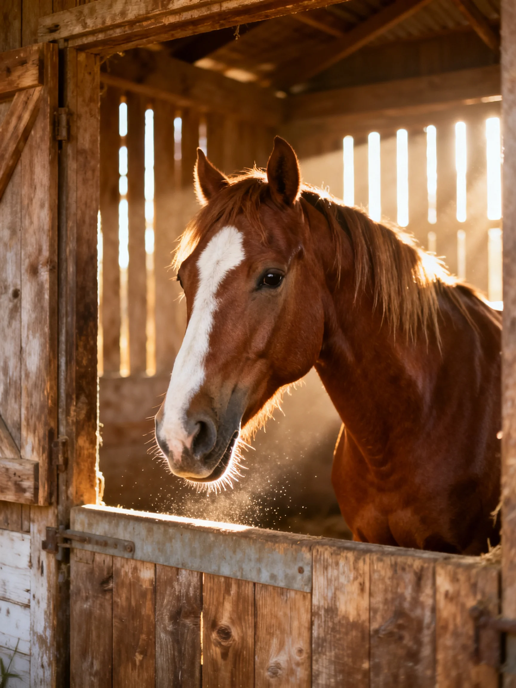 A chestnut horse with a white blaze in an aged wooden stable