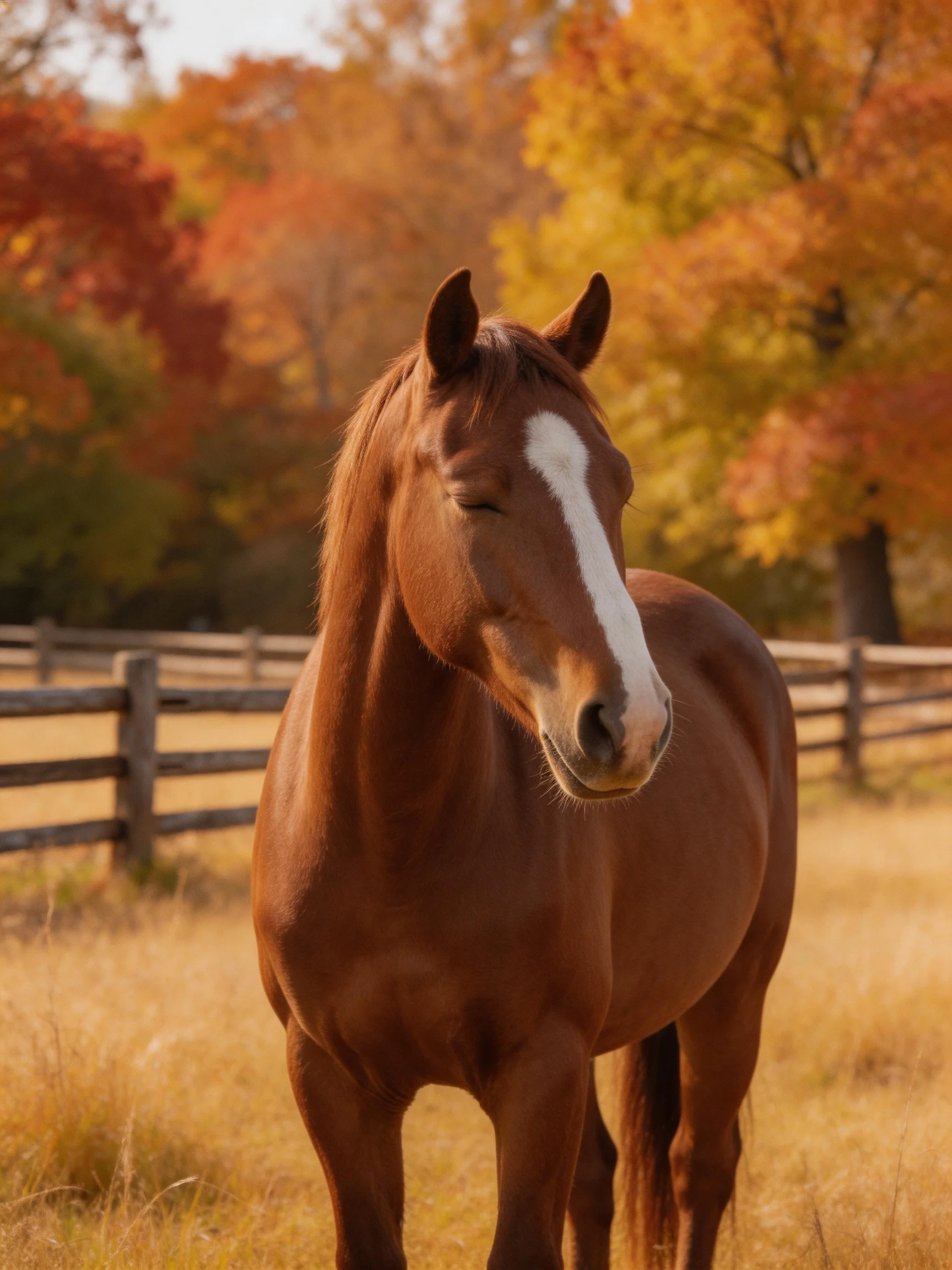 A chestnut horse with a white blaze in an autumn meadow near a wooden fence