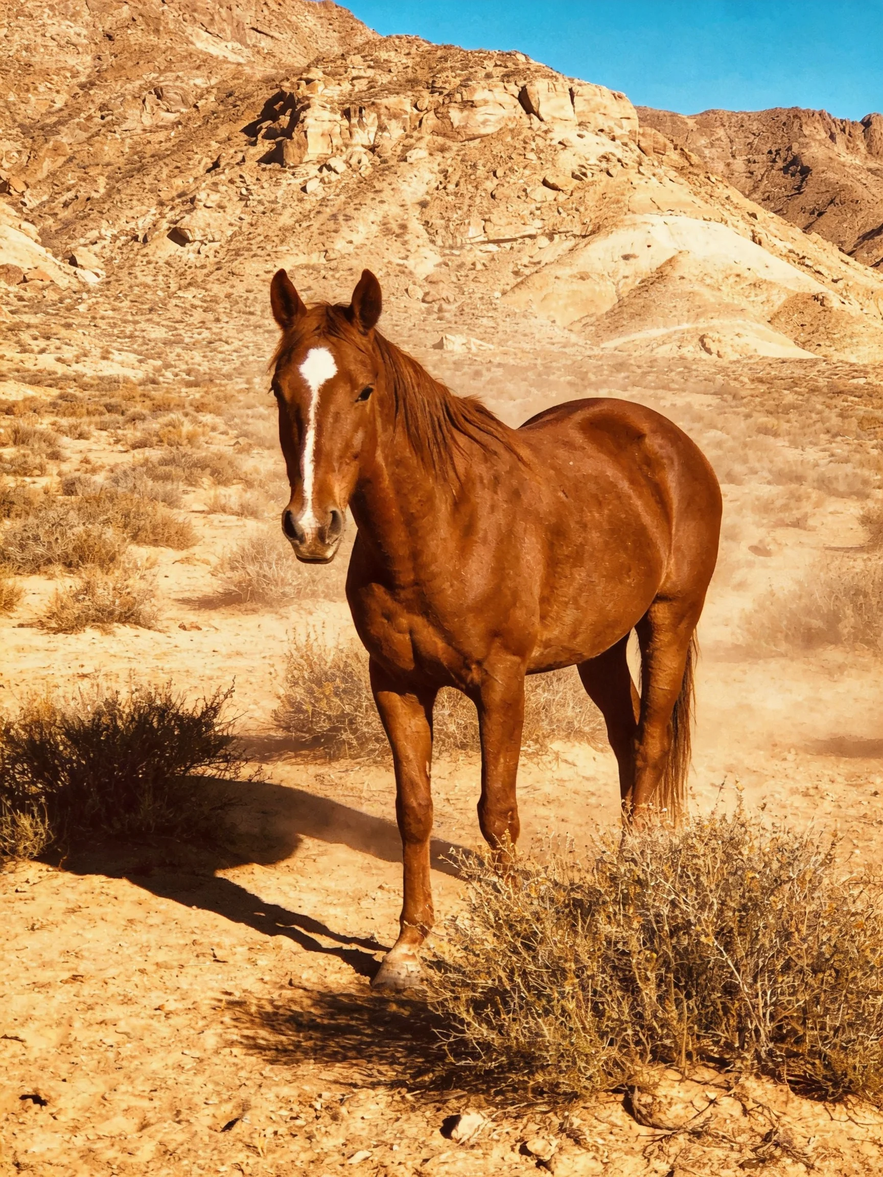 A chestnut horse with a white blaze in arid rocky terrain