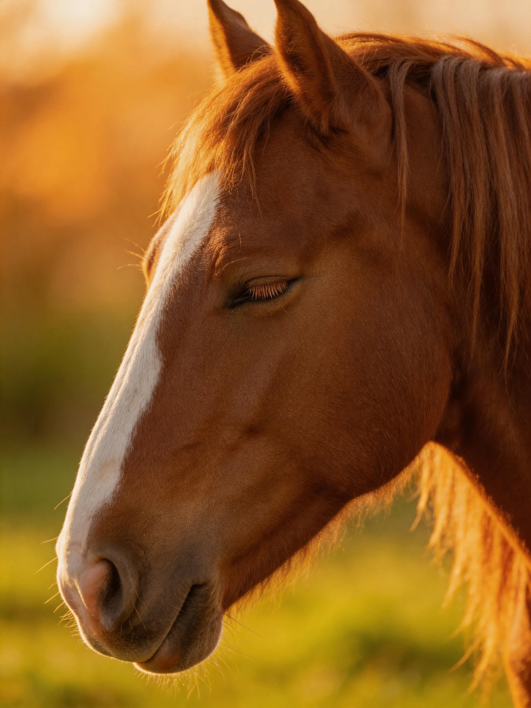 A chestnut horse with a white blaze in golden - hour light