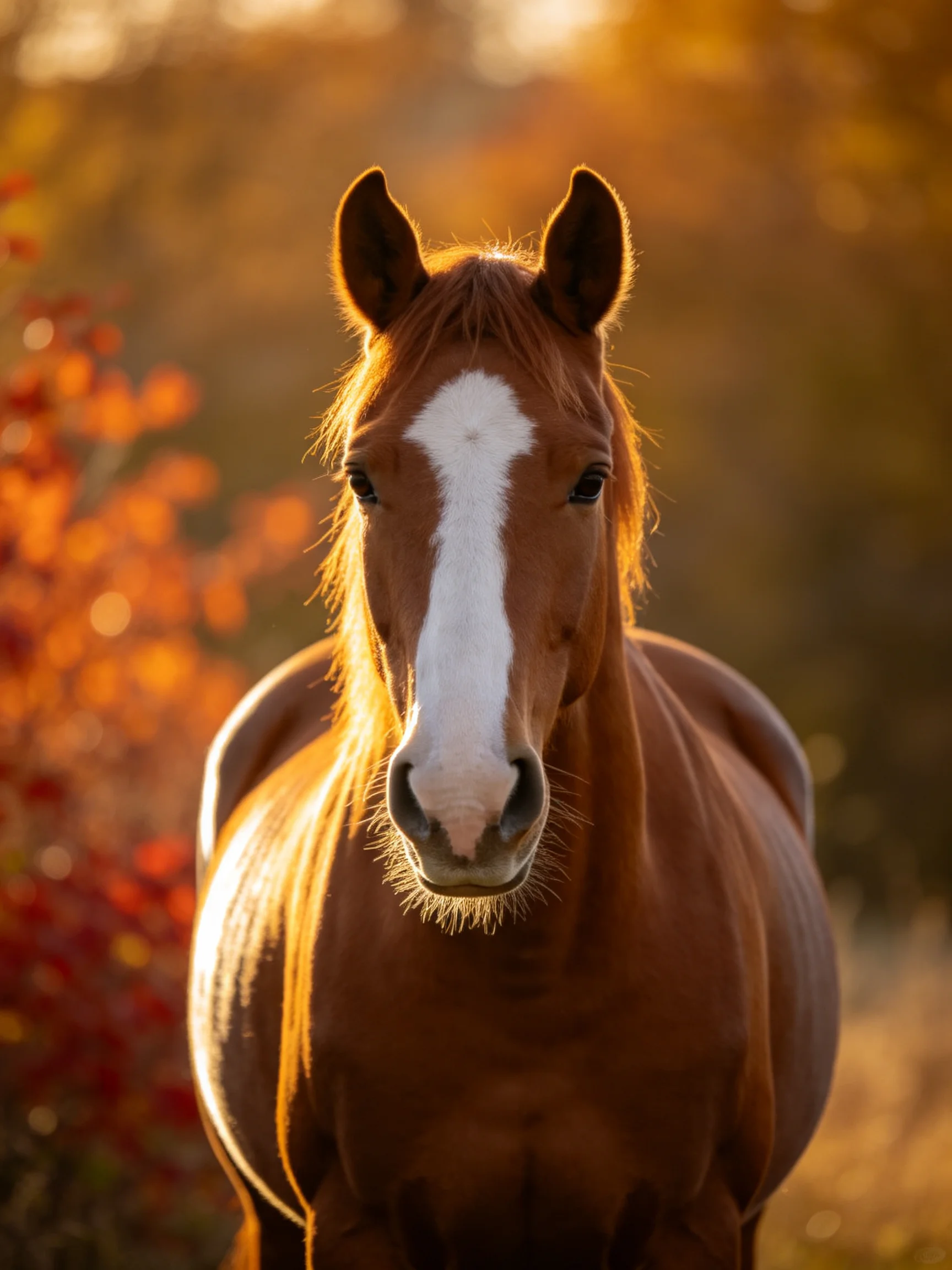 A chestnut horse with a white blaze in golden autumn light