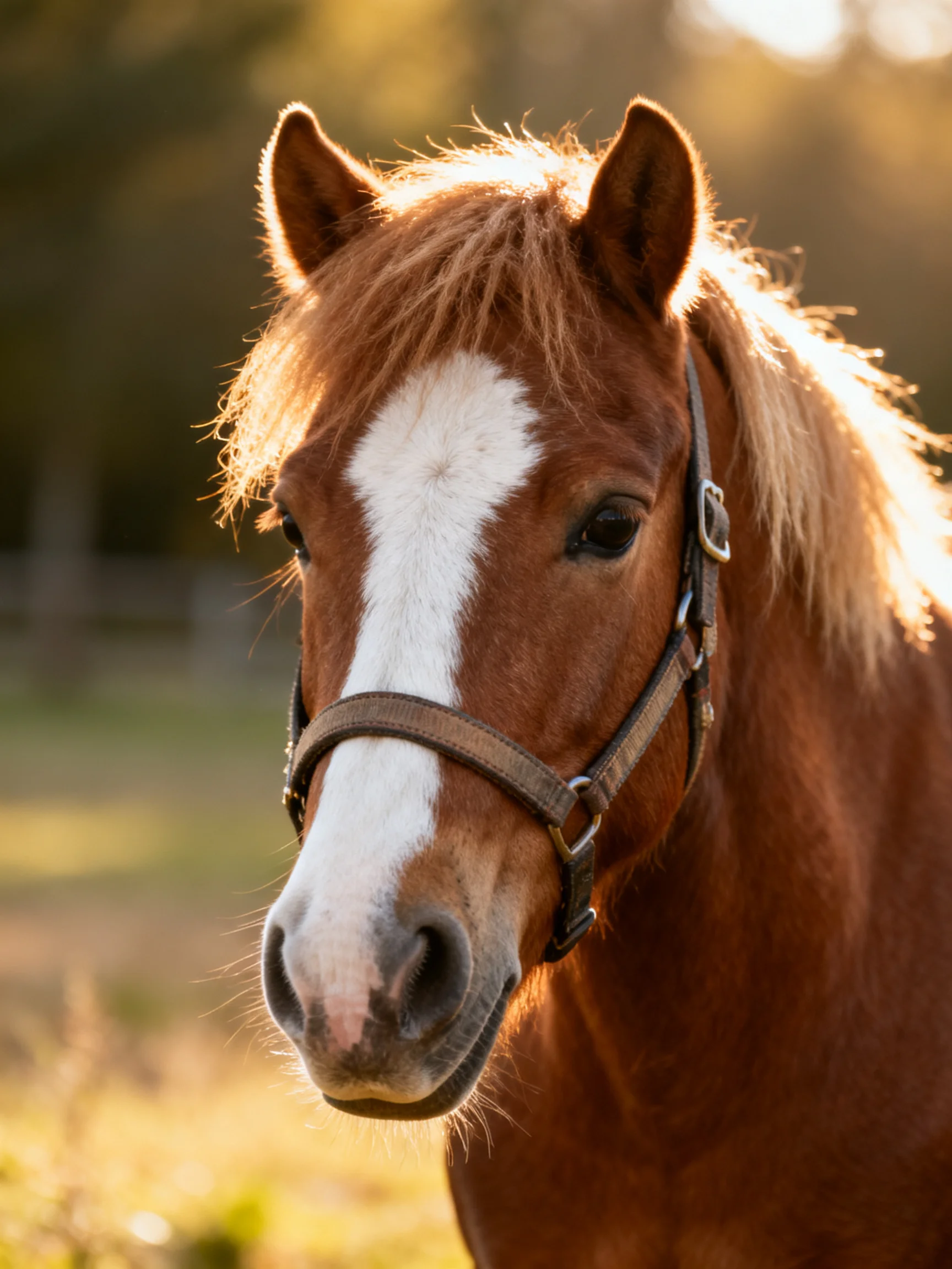 A chestnut horse with a white blaze in golden sunlight