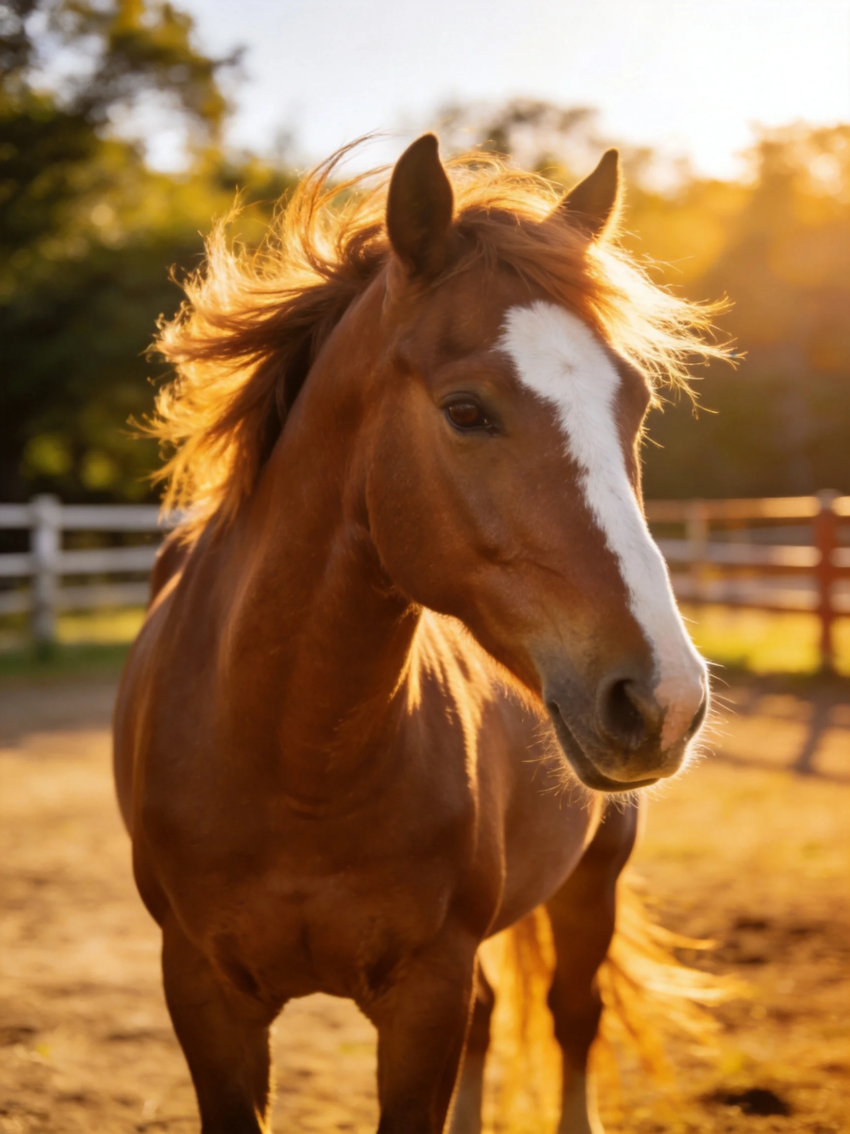 A chestnut horse with a white blaze in golden sunlight