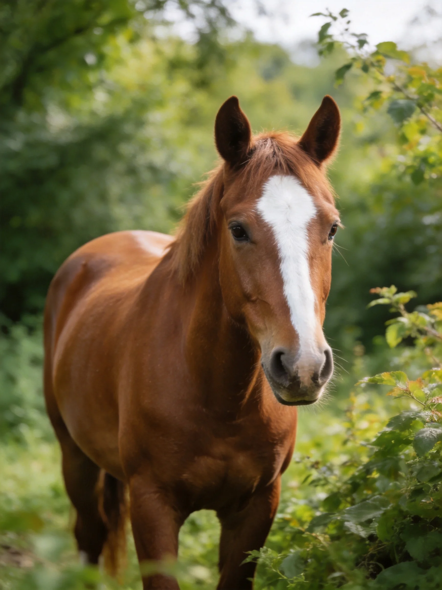 A chestnut horse with a white blaze stands among dense greenery.