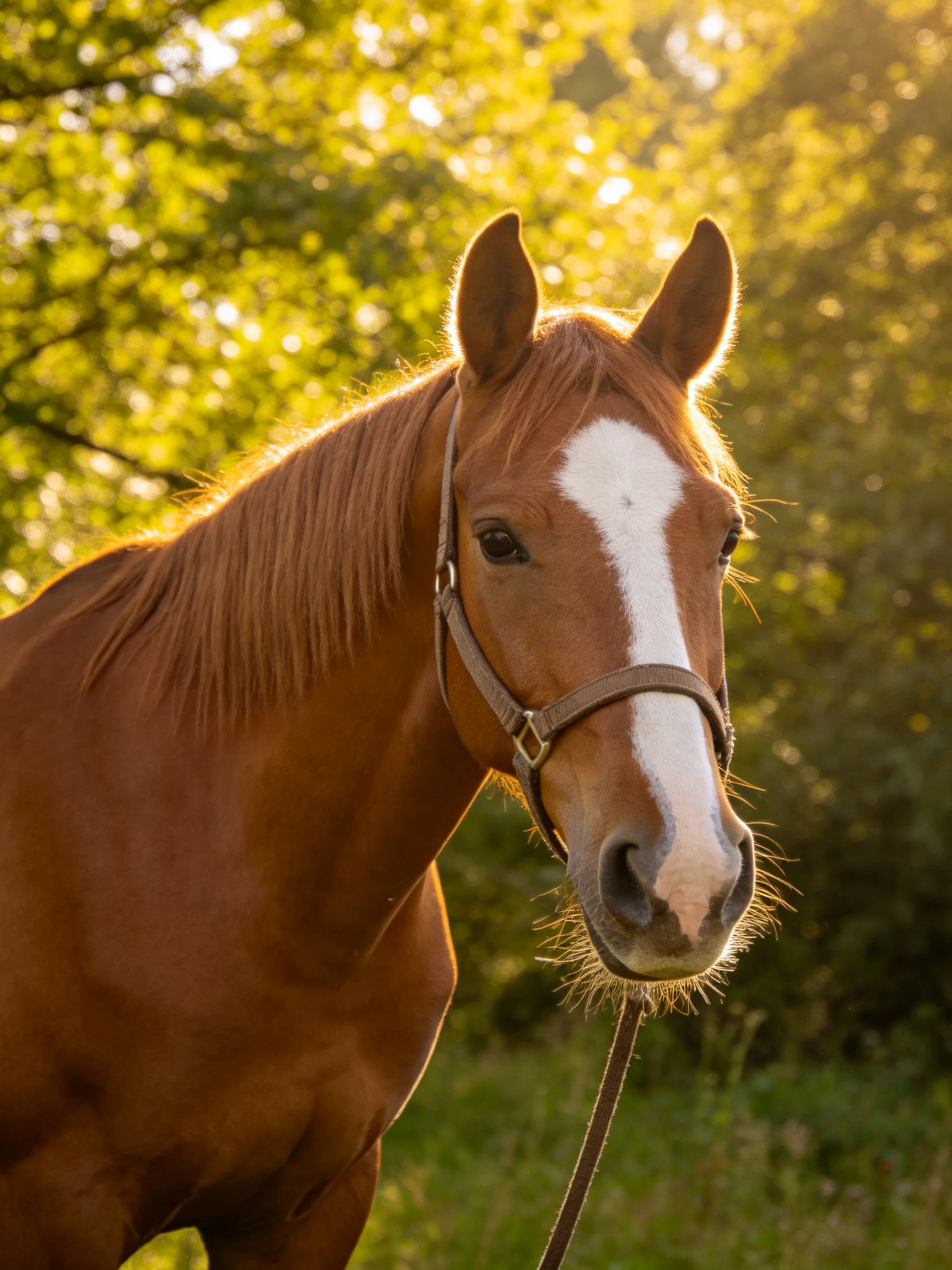 A chestnut horse with a white blaze stands amidst sunlit greenery.