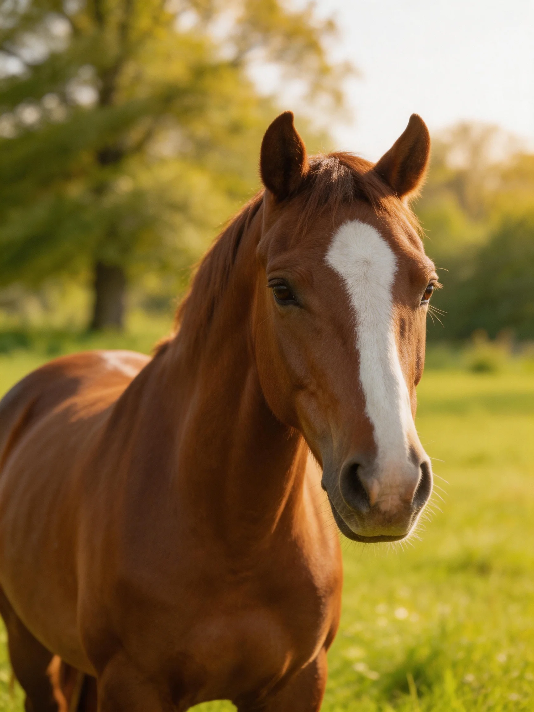 A chestnut horse with a white blaze stands in a sunlit meadow.