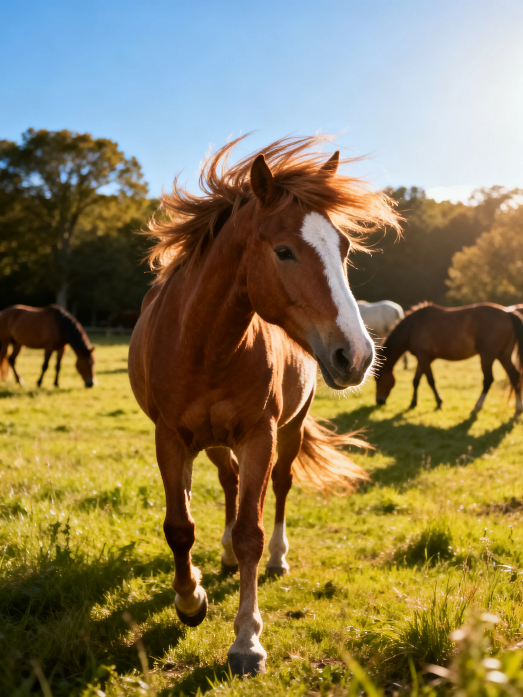 A chestnut horse with a white blaze leads a group in a sunlit pasture.