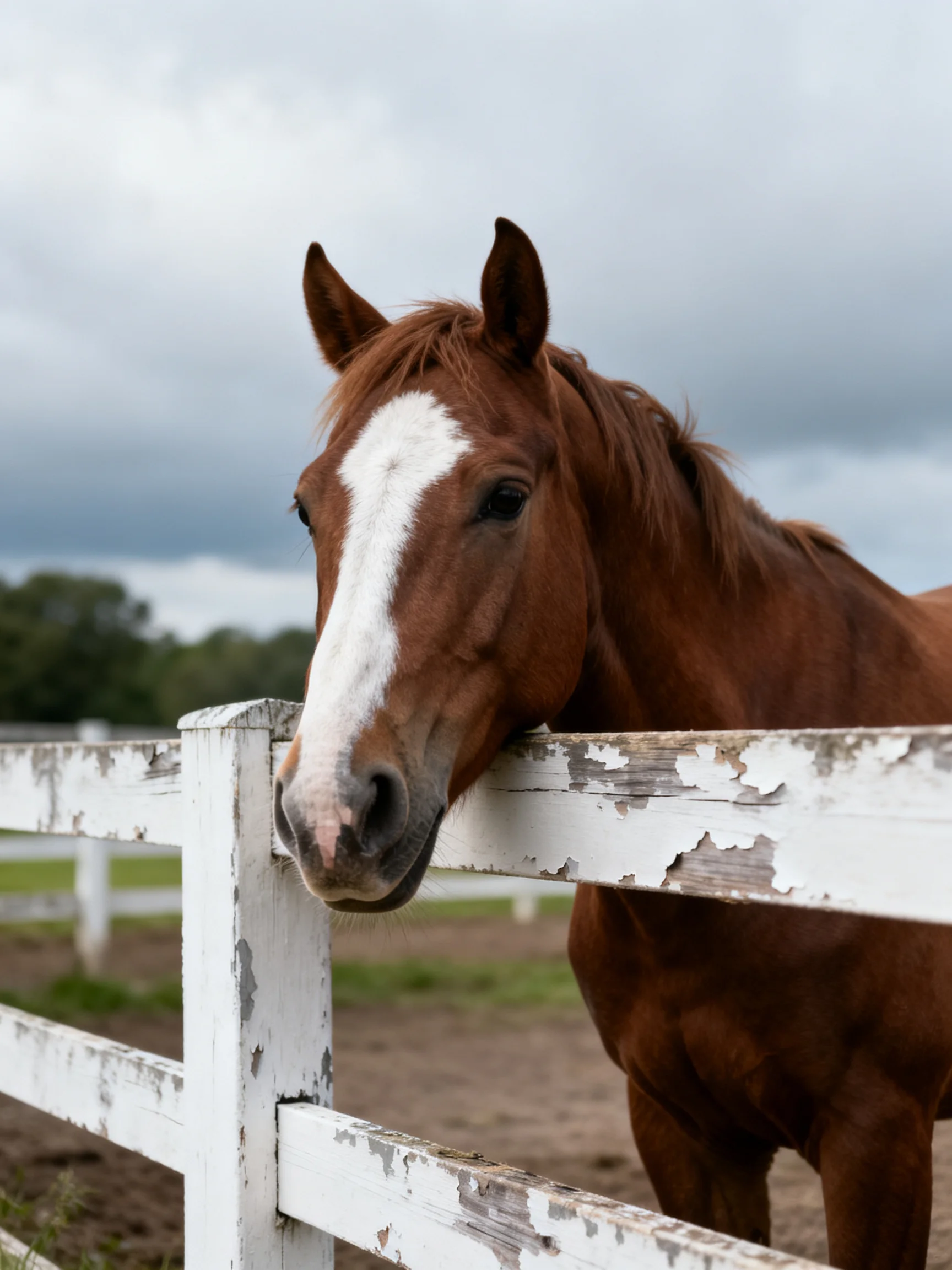 A chestnut horse with a white blaze leans on a weathered white fence