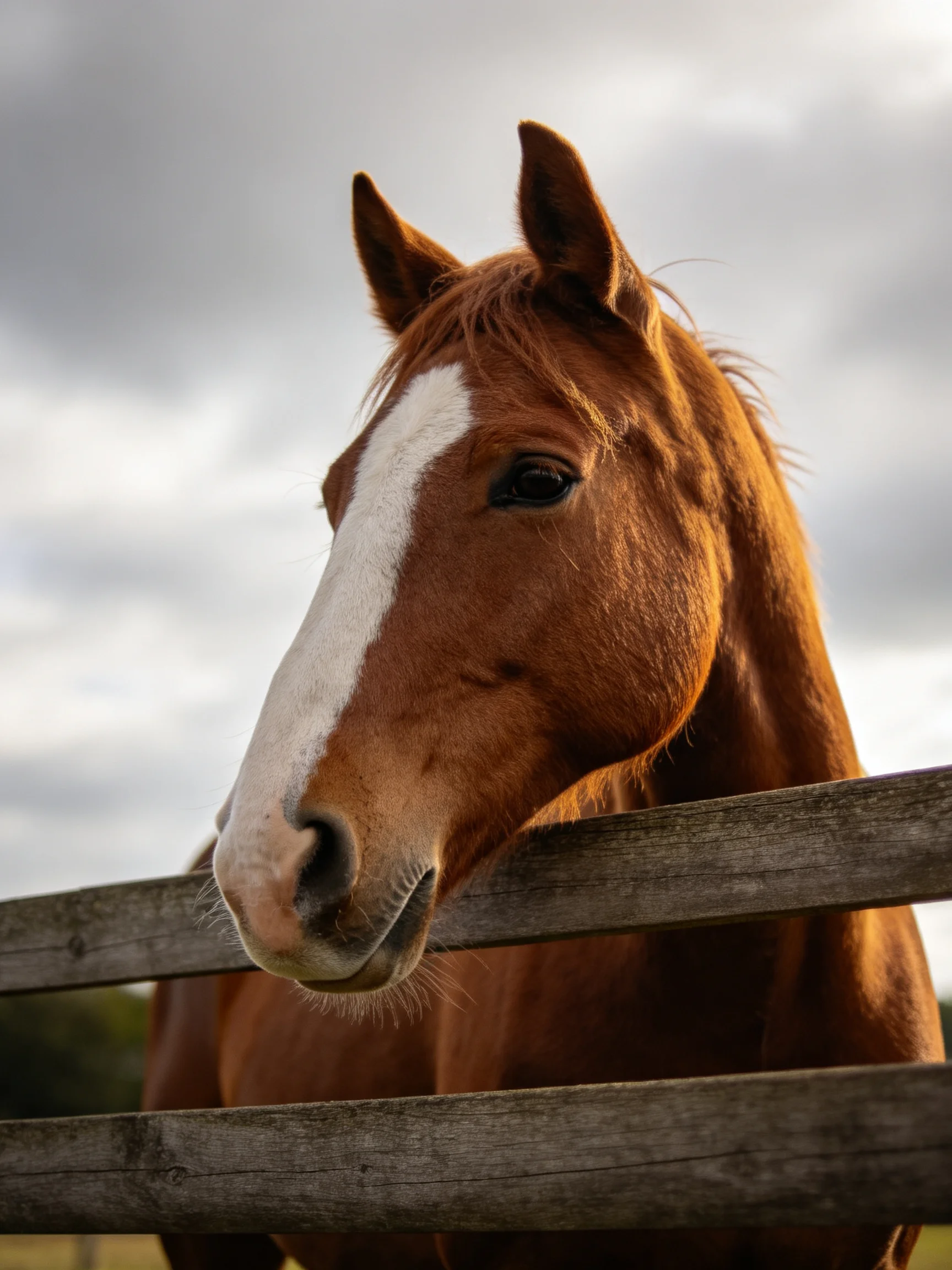 A chestnut horse with a white blaze leans over a weathered wooden fence
