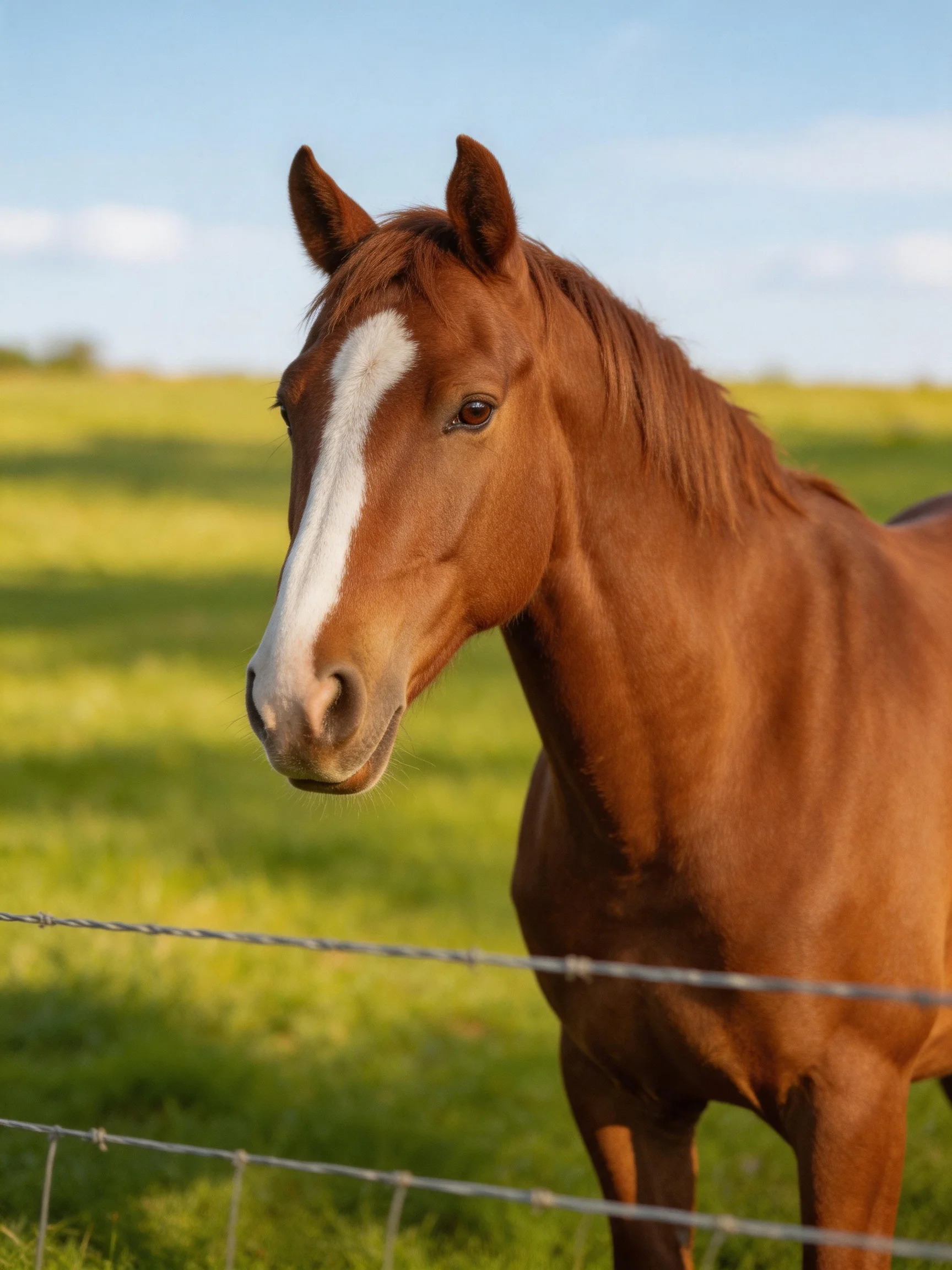 A chestnut horse with a white blaze near a barbed-wire fence in a green pasture
