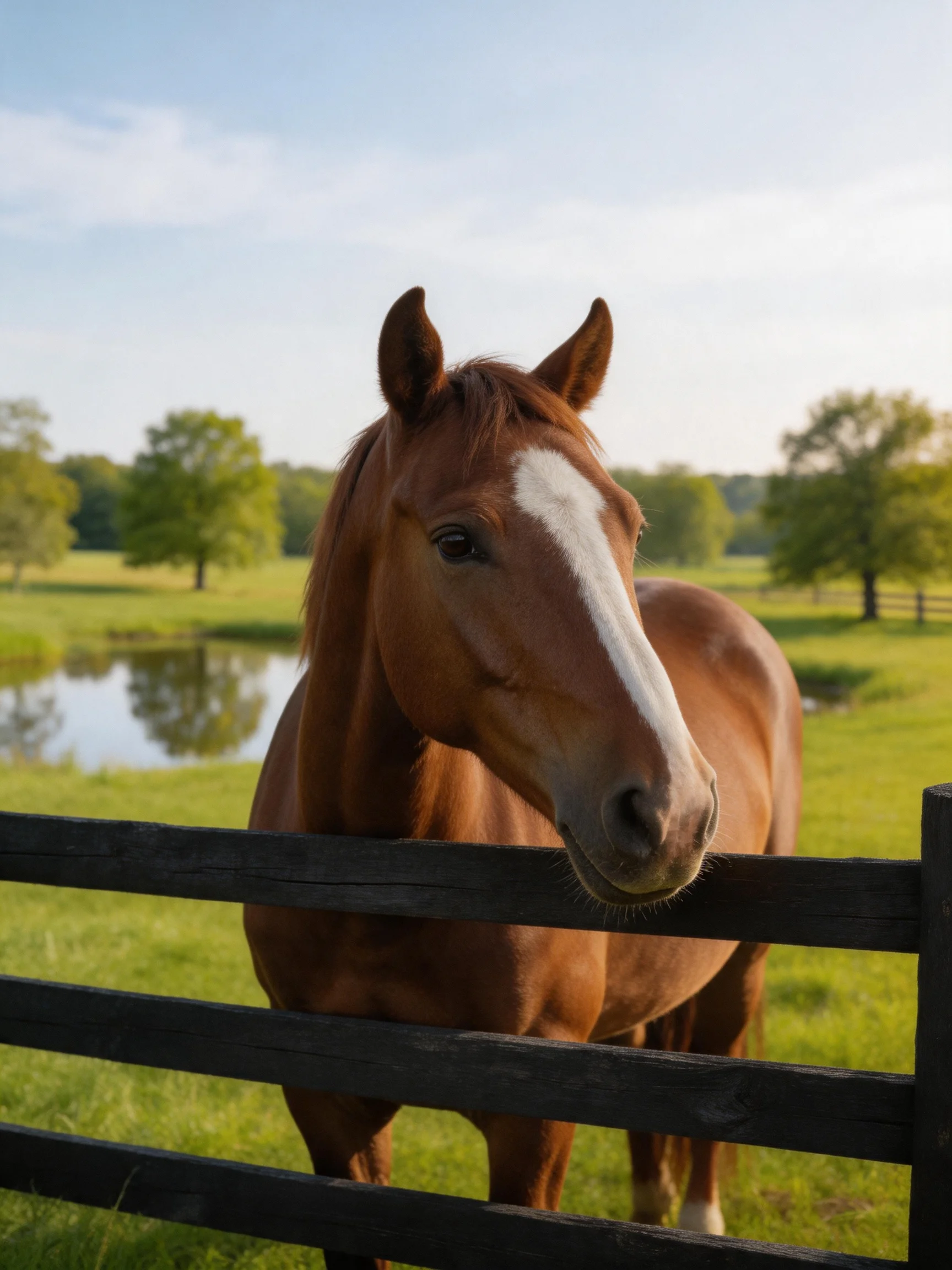 A chestnut horse with a white blaze stands by a wooden fence in a sunlit pasture.