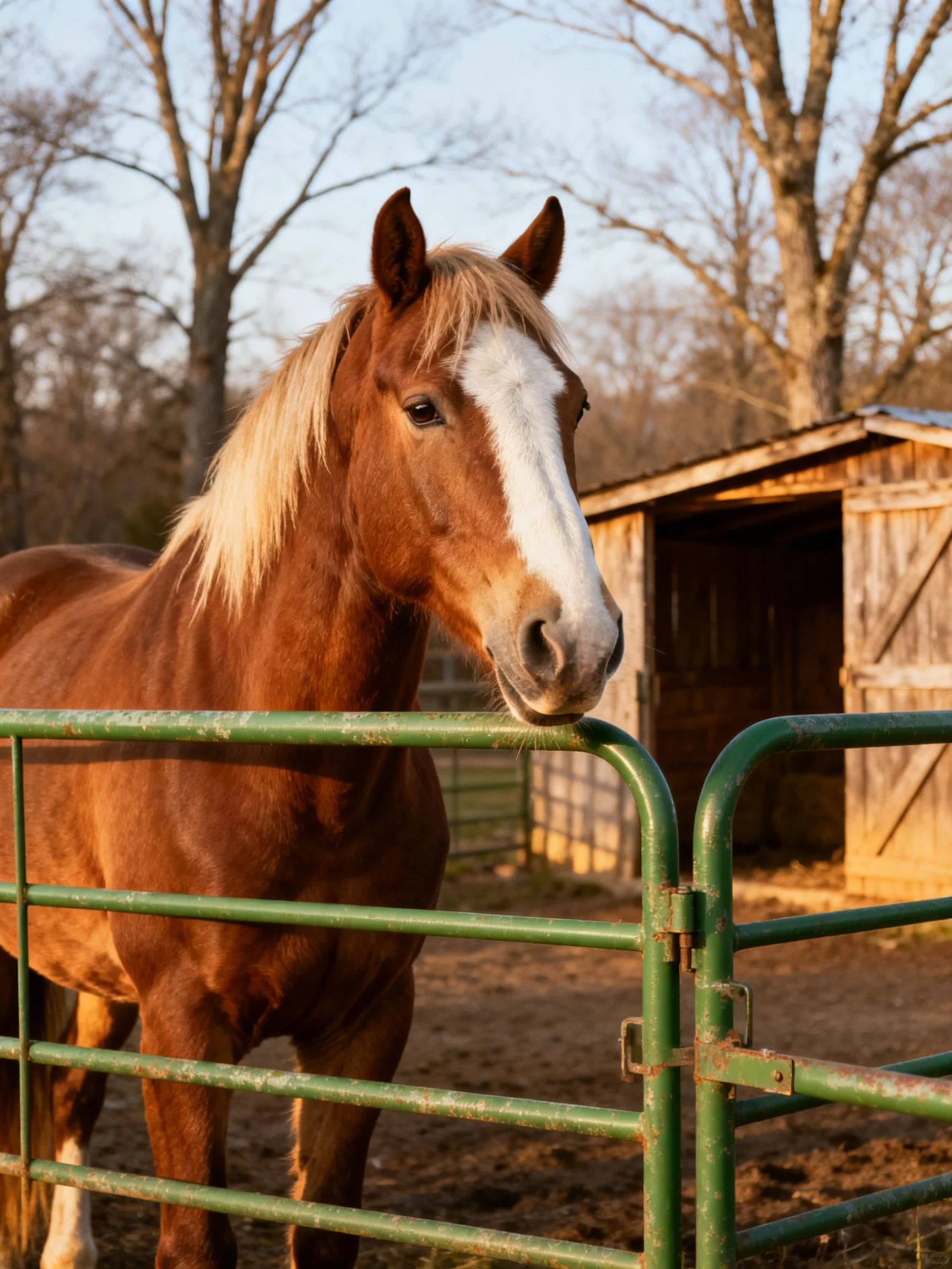 A chestnut horse with a white blaze near a green fence and wooden shed