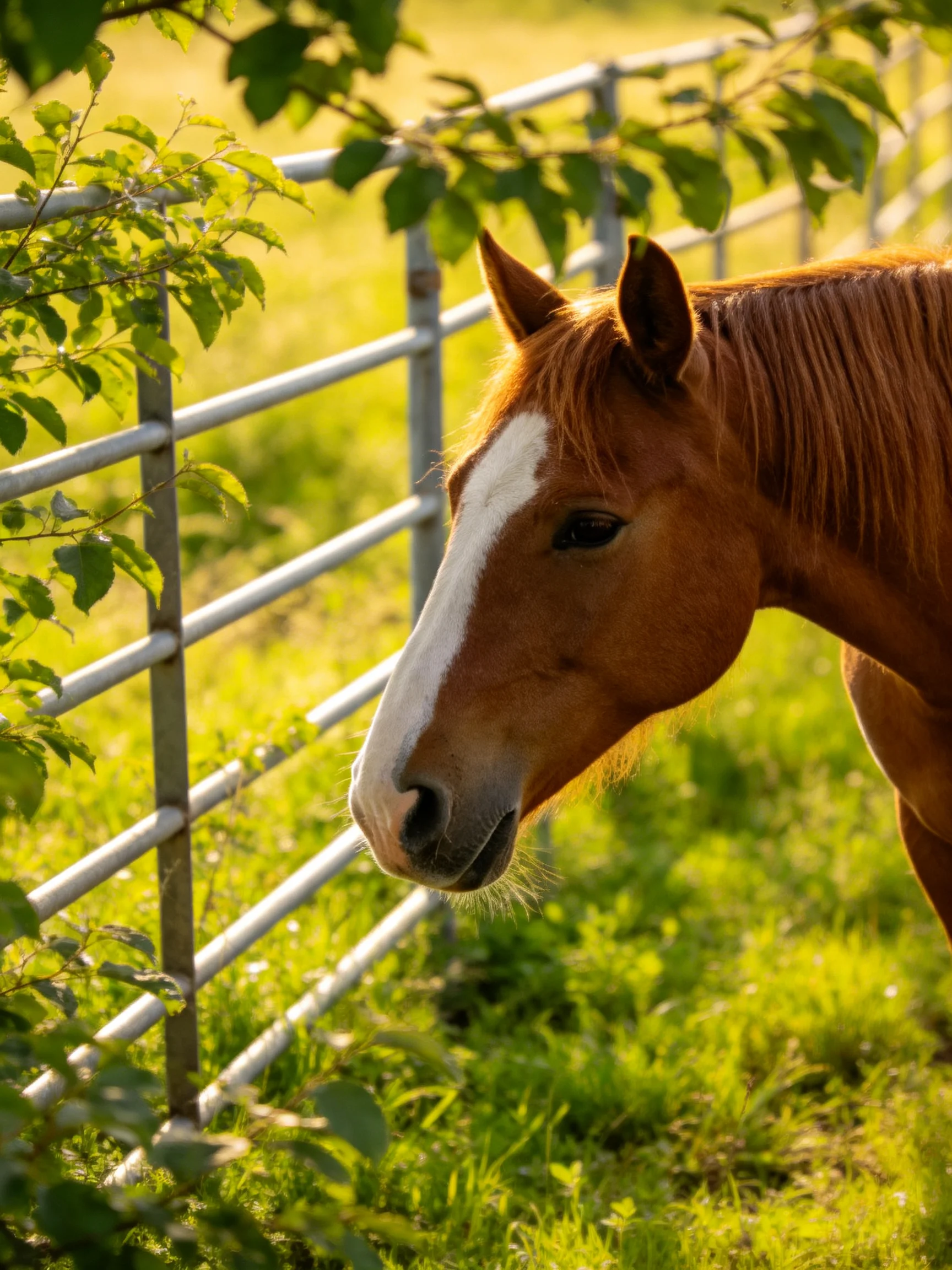 A chestnut horse with a white blaze stands near a metal fence in a sunlit area.