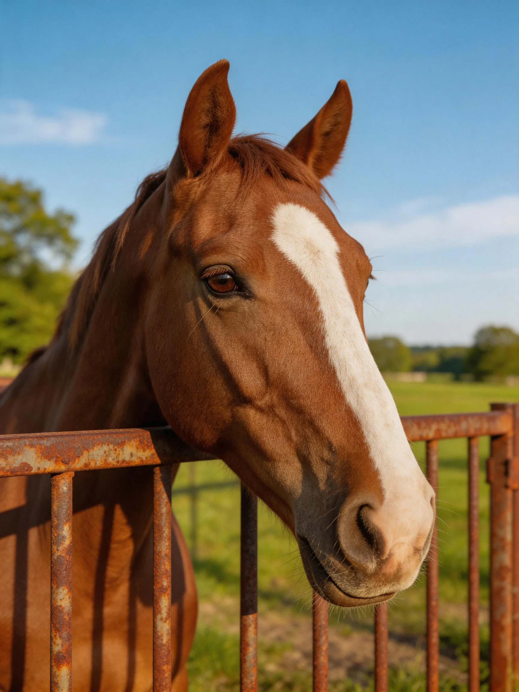 A chestnut horse with a white blaze leans toward a rusted metal fence in a sunny pasture.