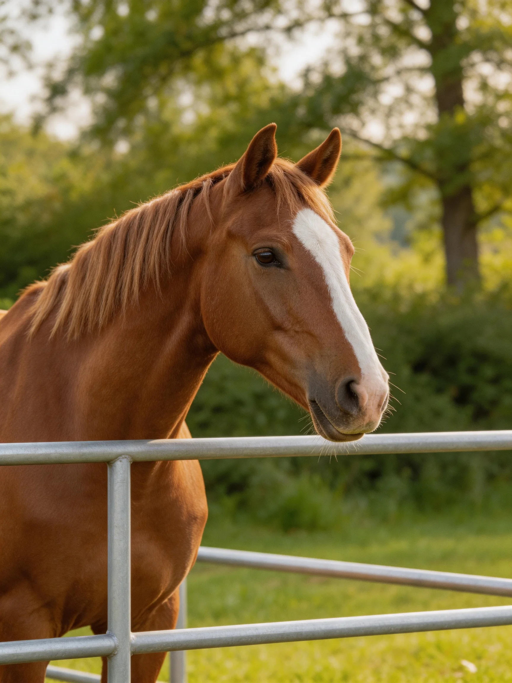 A chestnut horse with a white blaze stands by a silver fence in a sunlit green landscape.