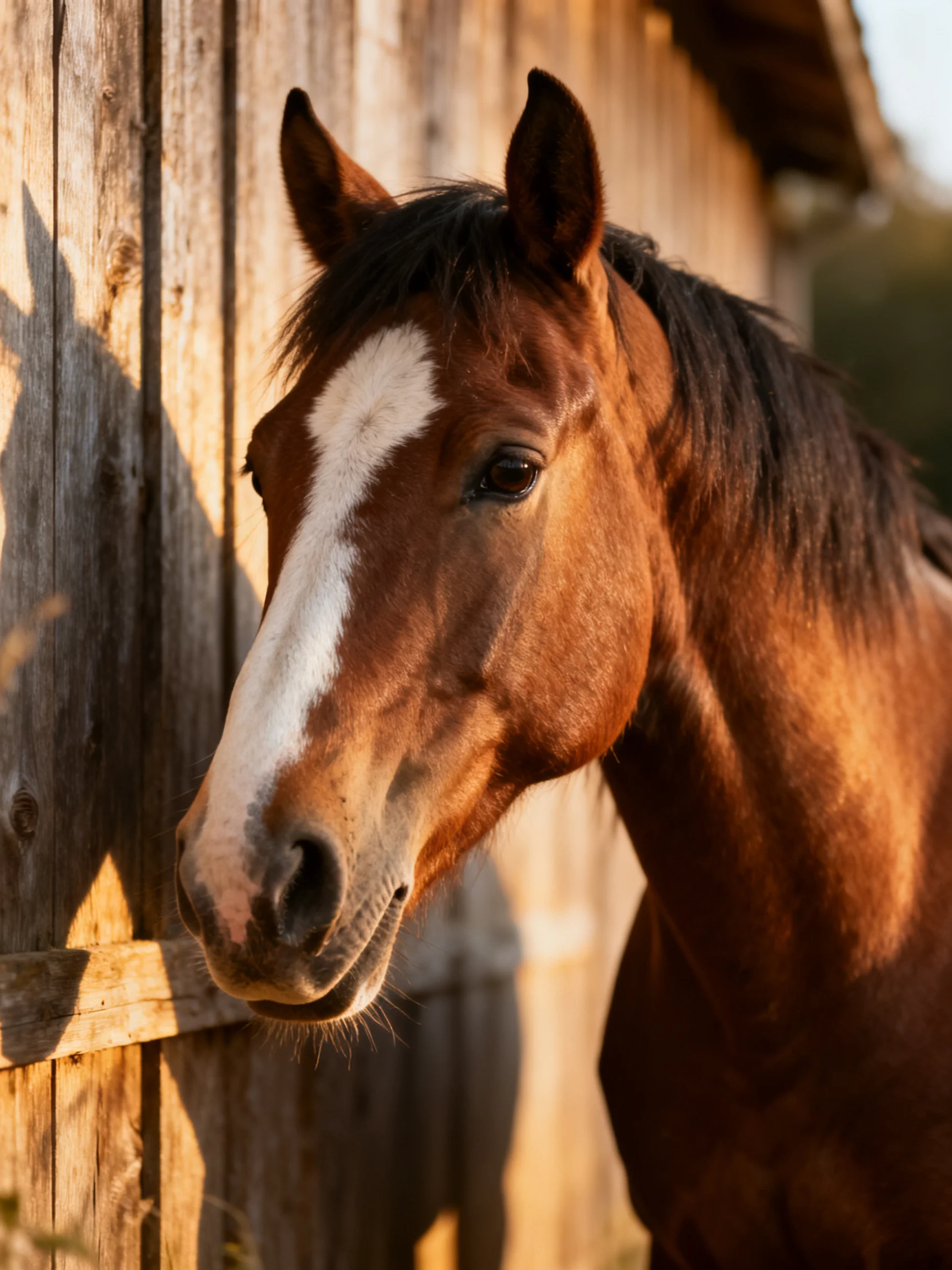 A chestnut horse with a white blaze stands by an old wooden barn.