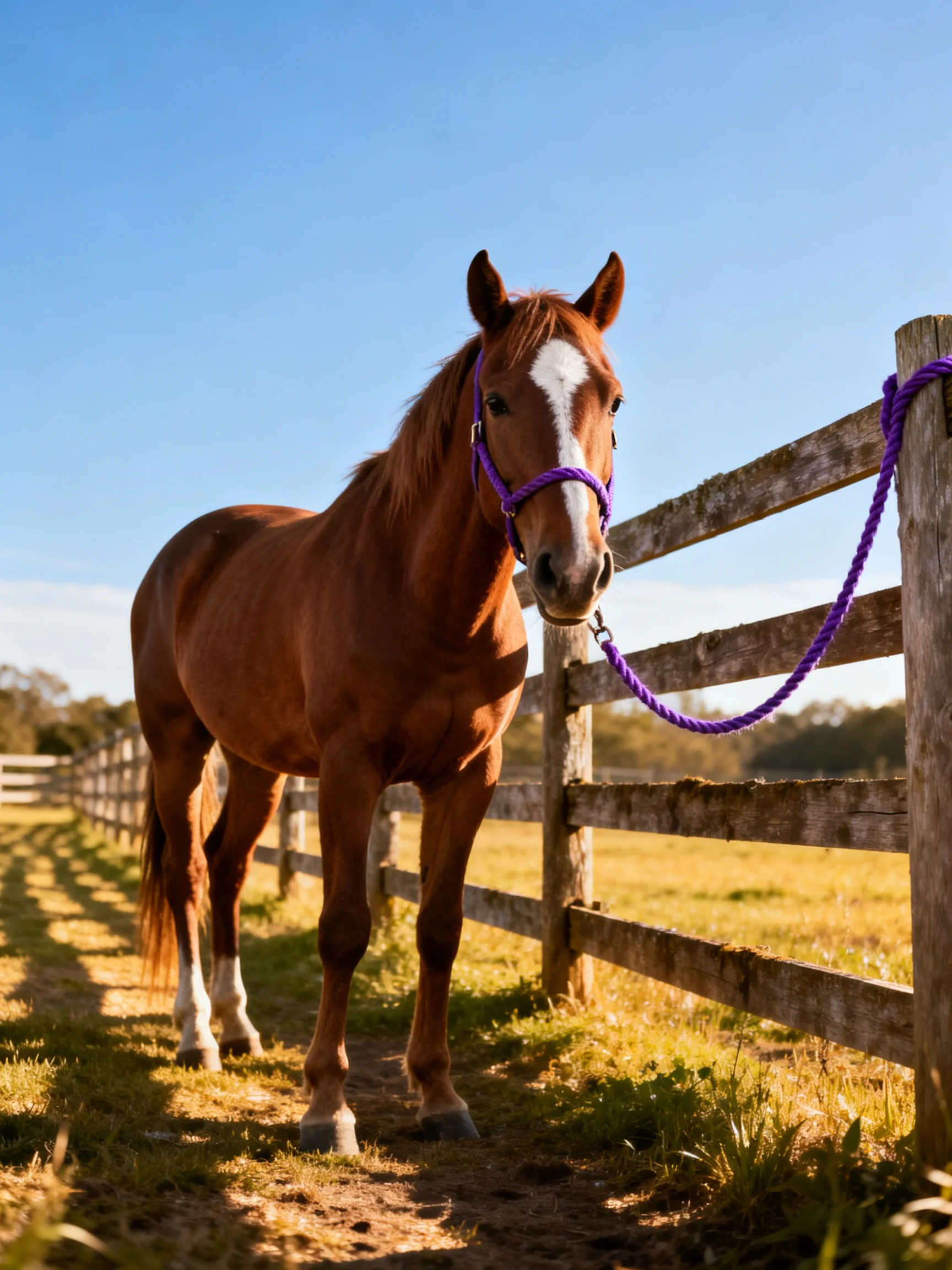A chestnut horse with a white blaze near a weathered wooden fence