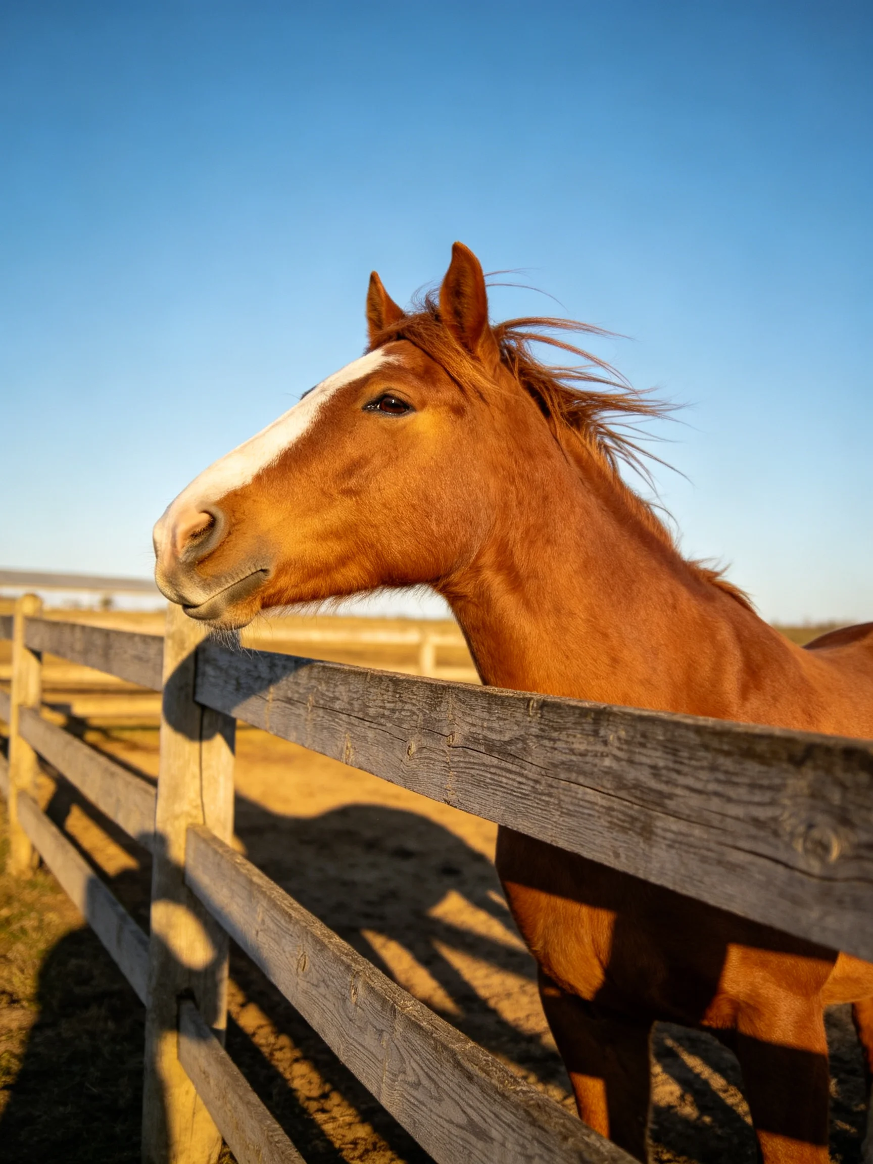 A chestnut horse with a white blaze near a weathered wooden fence