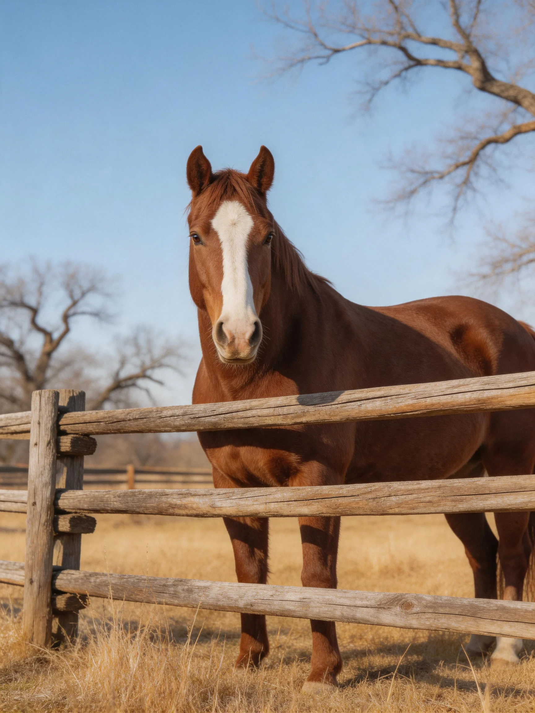 A chestnut horse with a white blaze stands near a weathered wooden fence in a dry field.