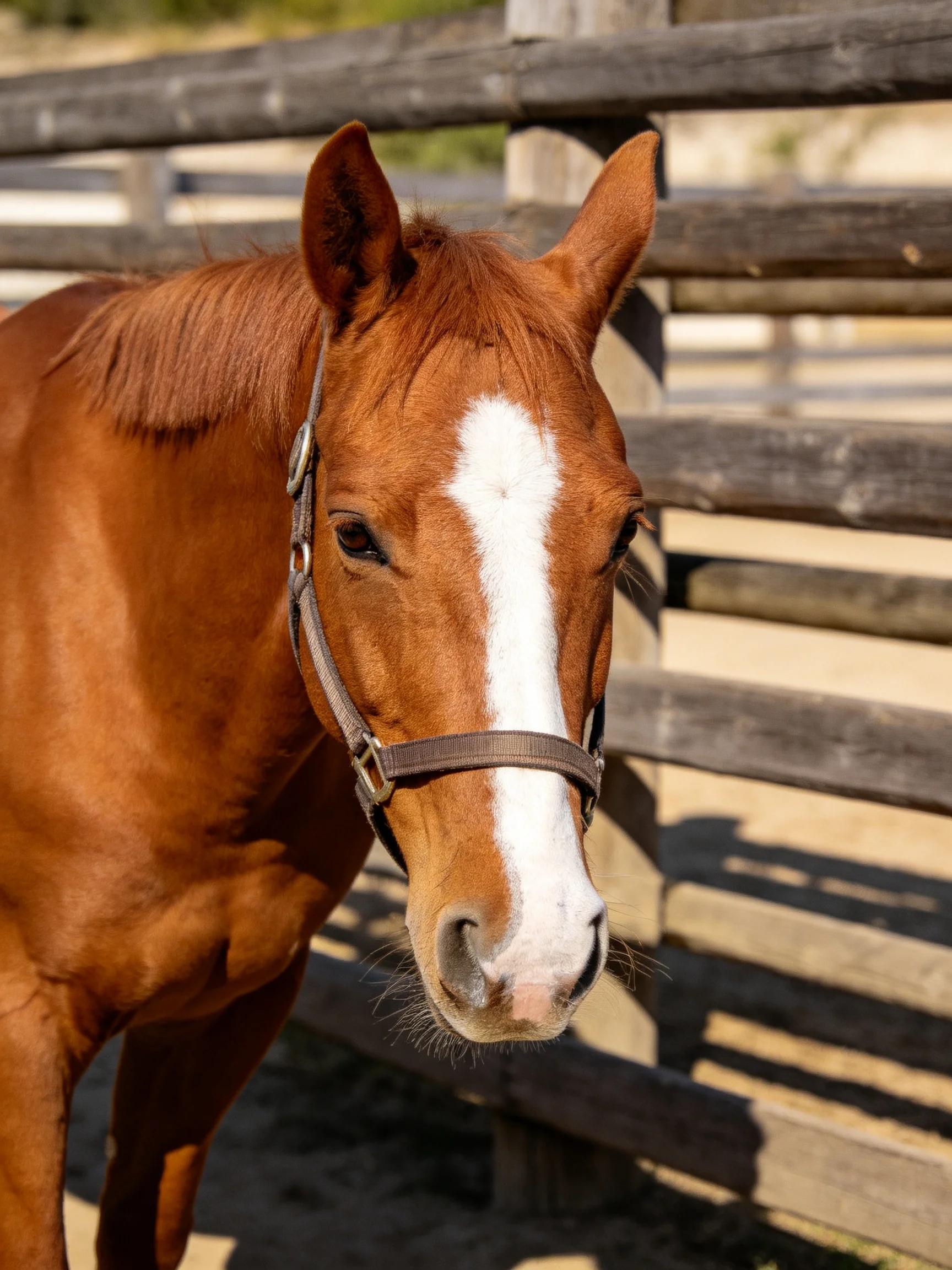 A chestnut horse with a white blaze stands beside a wooden fence.