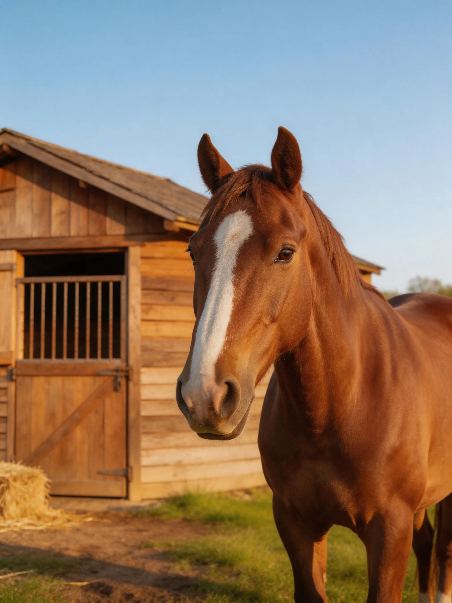 A chestnut horse with a white blaze stands beside a rustic wooden stable.