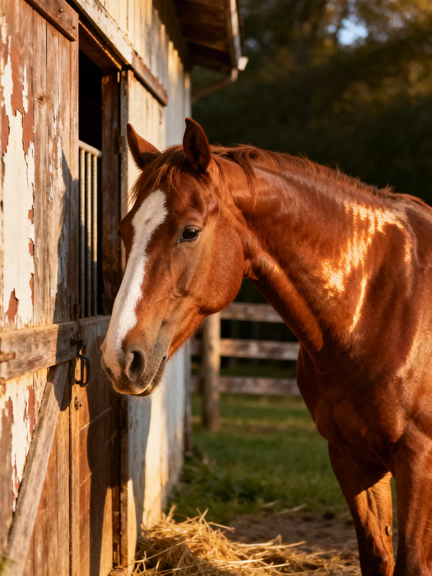 A chestnut horse with a white blaze near a weathered wooden stable