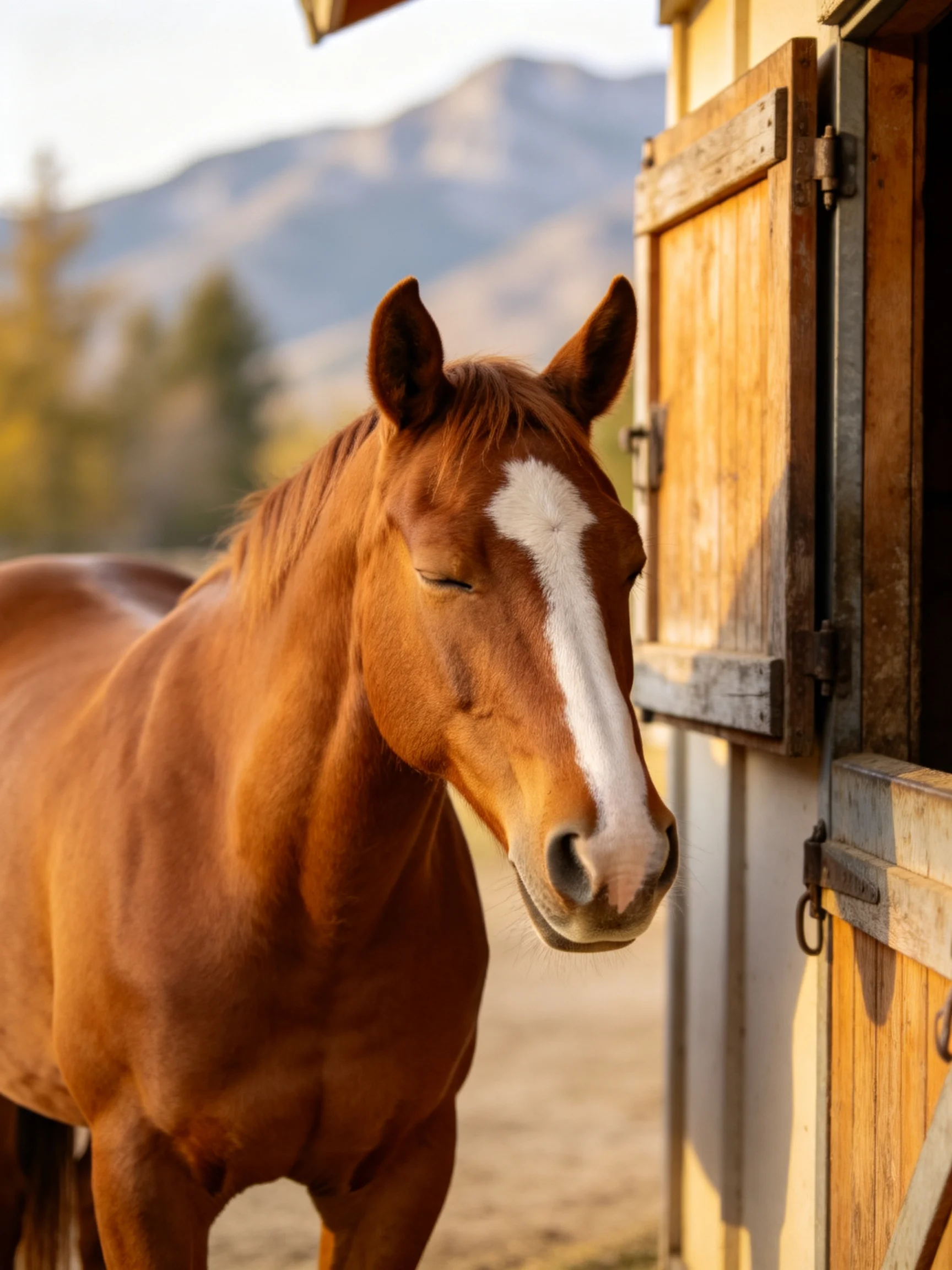 A chestnut horse with a white blaze near a weathered wooden stable
