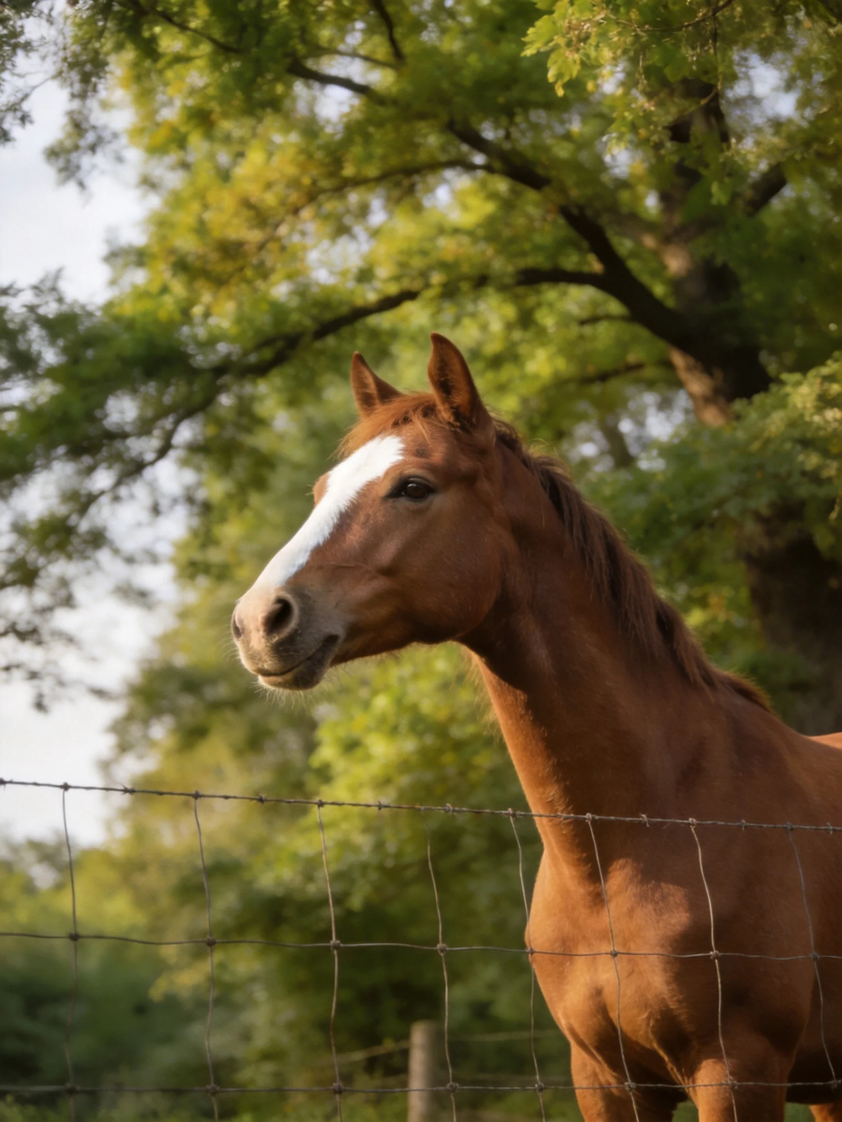 A chestnut horse with a white blaze near a wire fence amid lush green trees