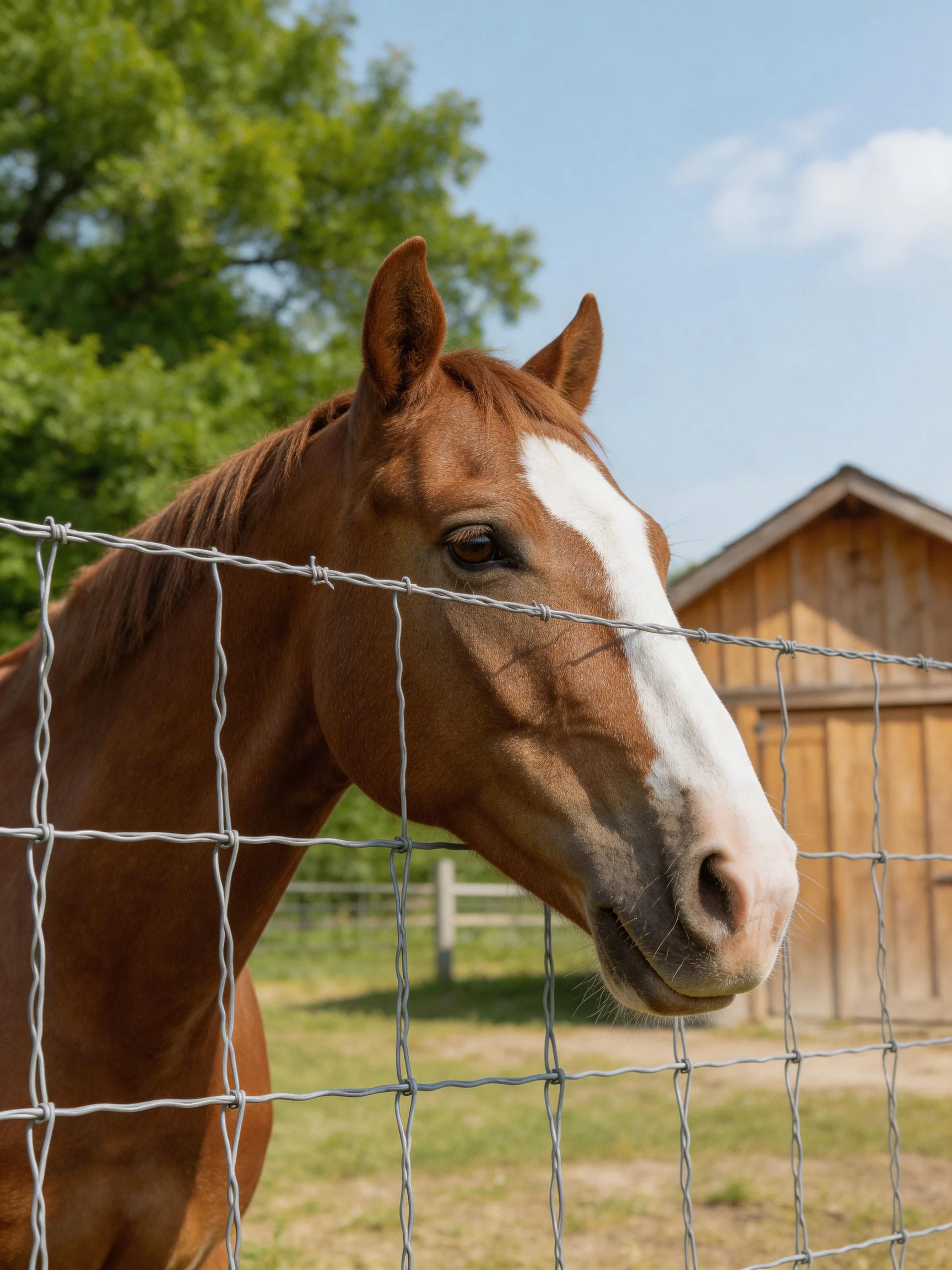 A chestnut horse with a white blaze near a wire fence and wooden barn