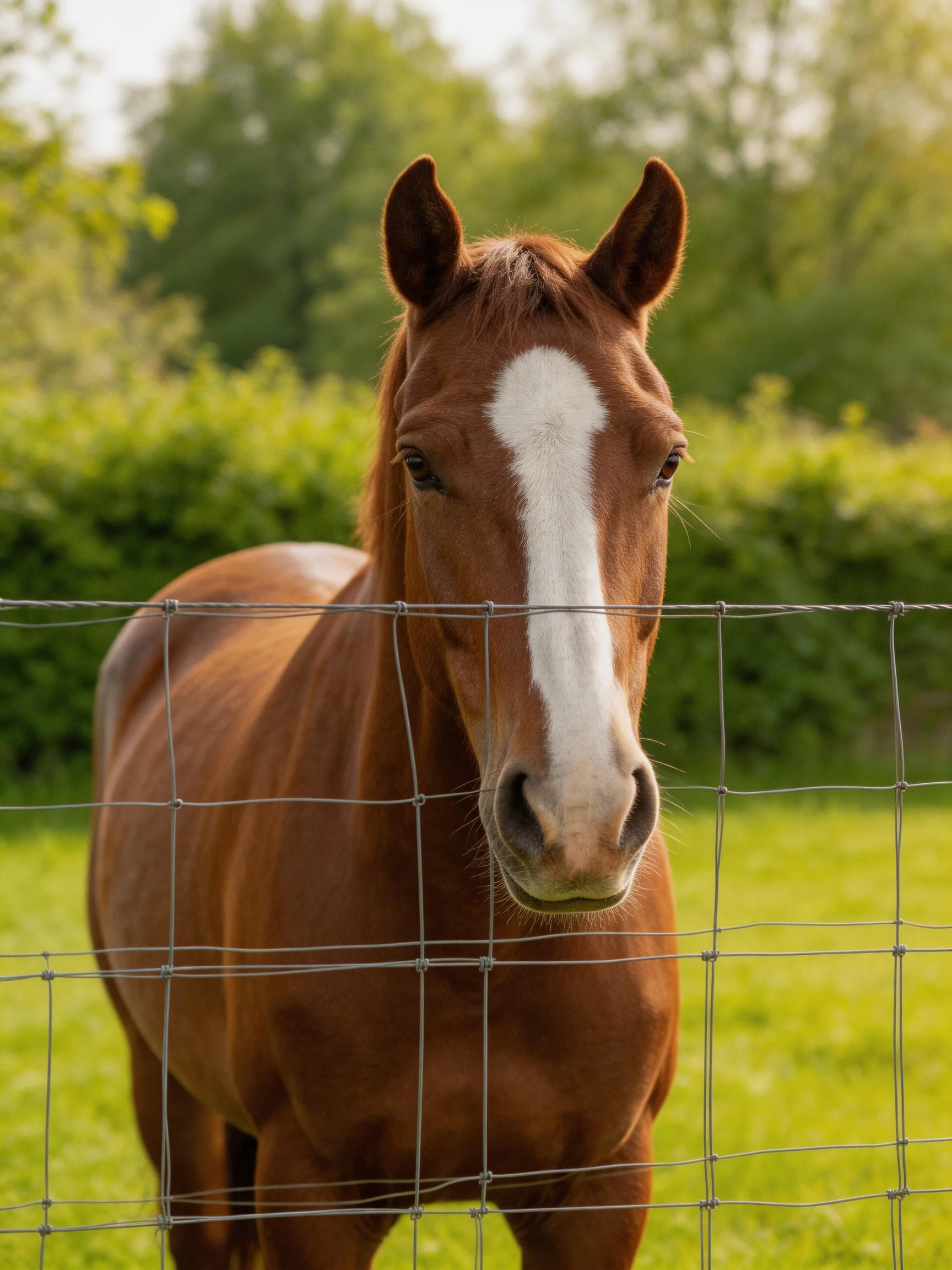 A chestnut horse with a white blaze near a wire fence in a green pasture