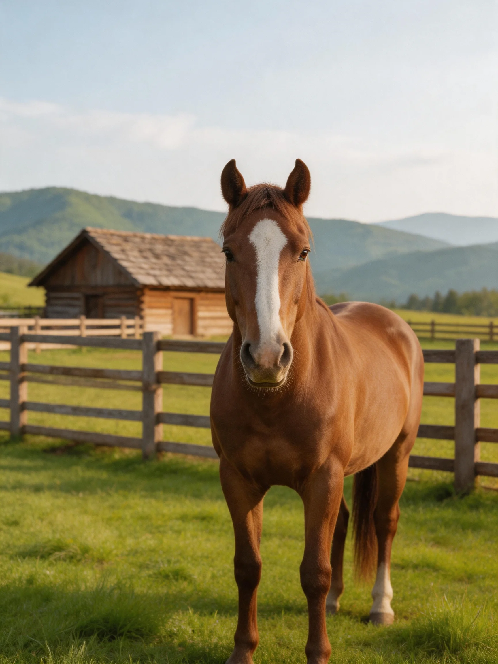 A chestnut horse with a white blaze near a wooden fence and log cabin