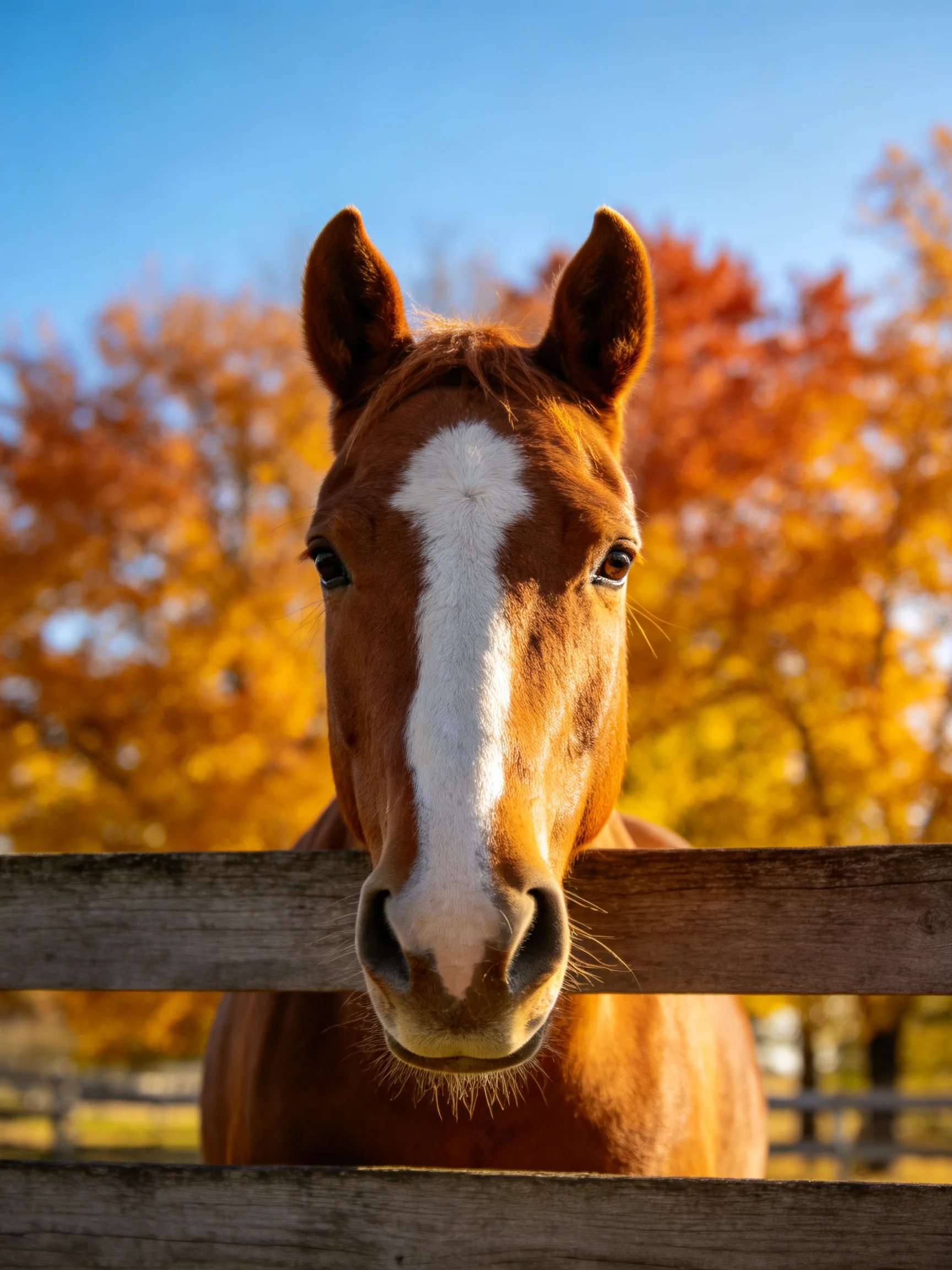 A chestnut horse with a white blaze stands behind a wooden fence among vibrant autumn trees.